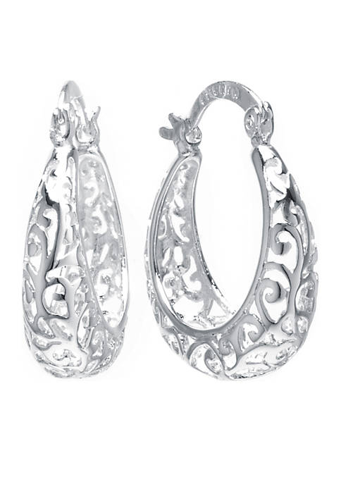 Fine Silver Plated 1 Inch Filigree Click Top Hoop Earrings