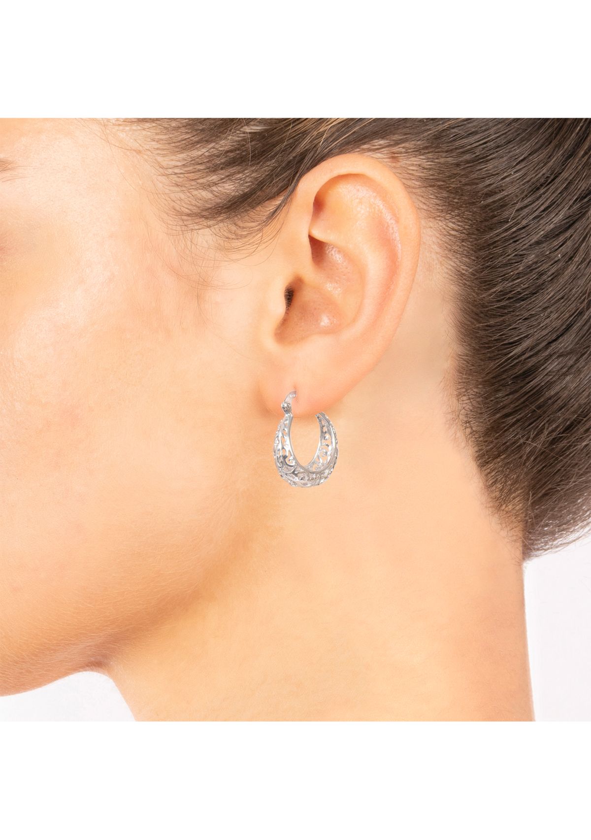 Silver Plated 1" Filigree Click Top Hoop Earrings  