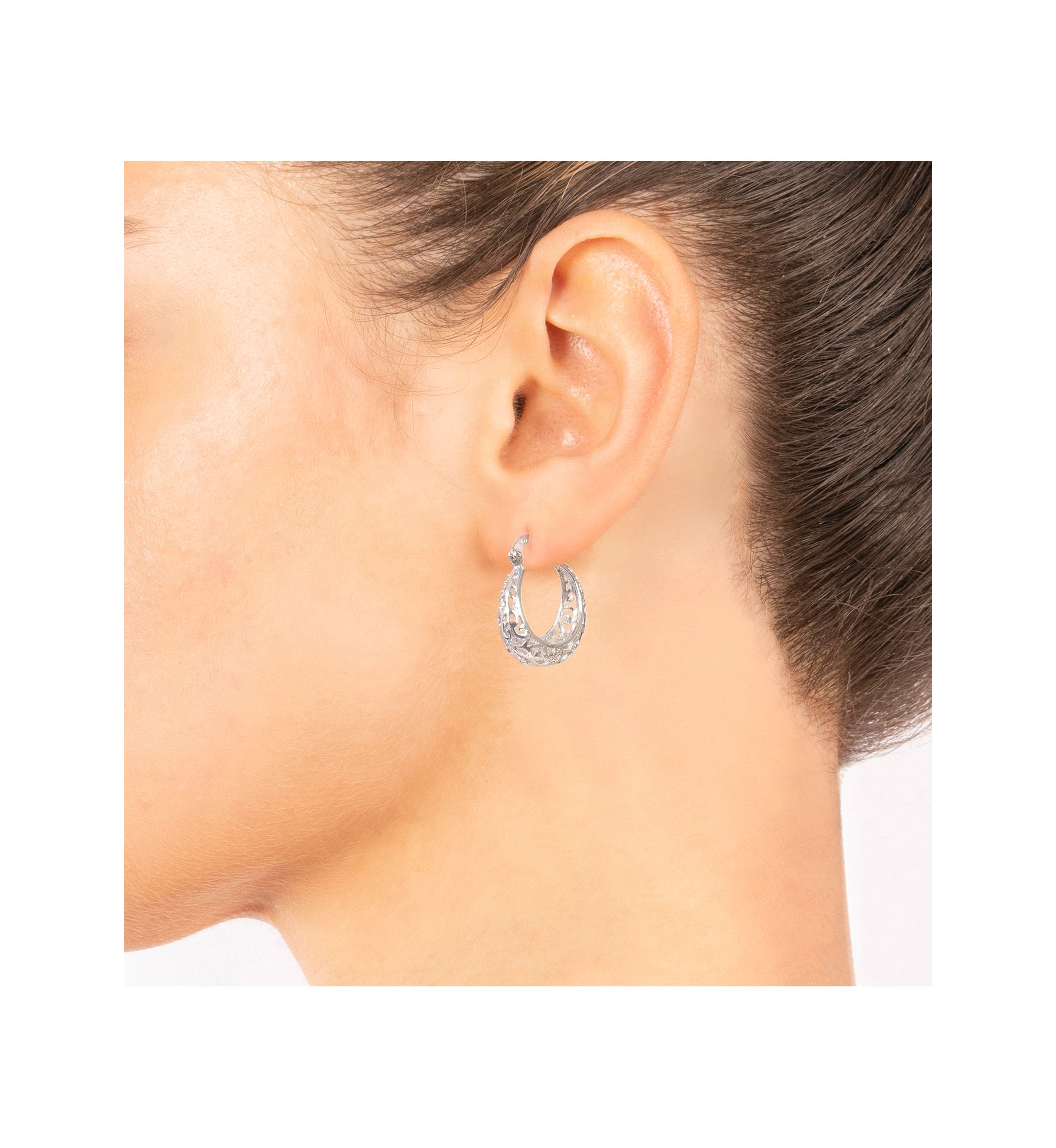 Silver Plated 1" Filigree Click Top Hoop Earrings  