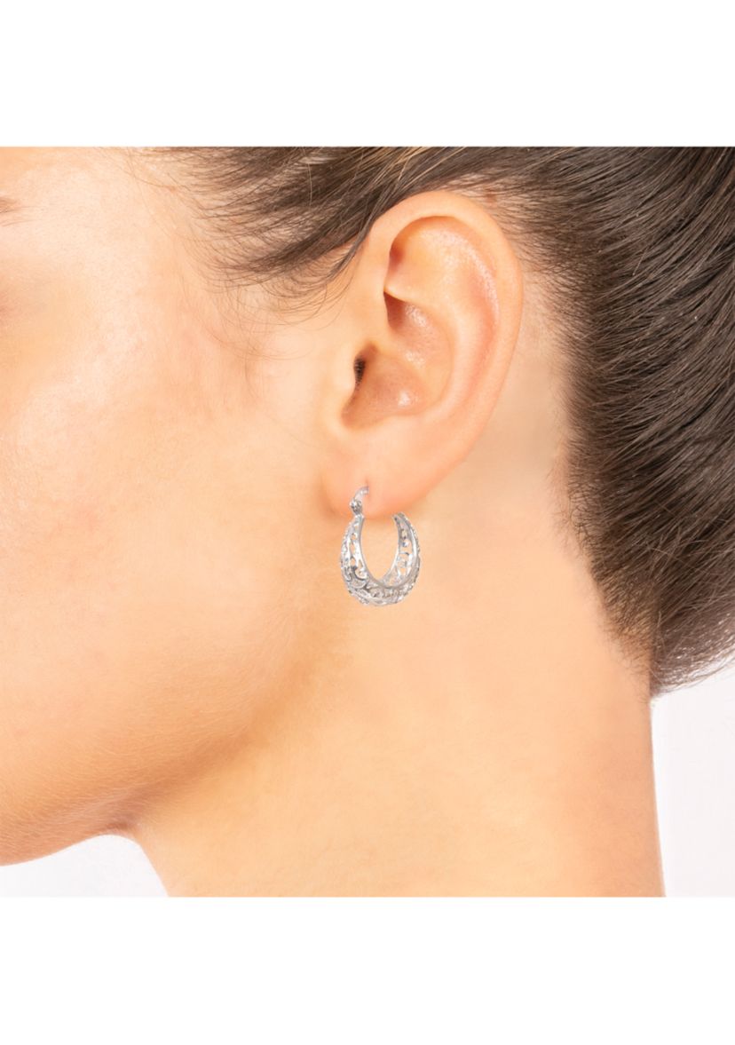 Silver Plated 1" Filigree Click Top Hoop Earrings  