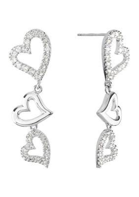 Silver Plated Cubic Zirconia Triple Heart Post Drop Earrings