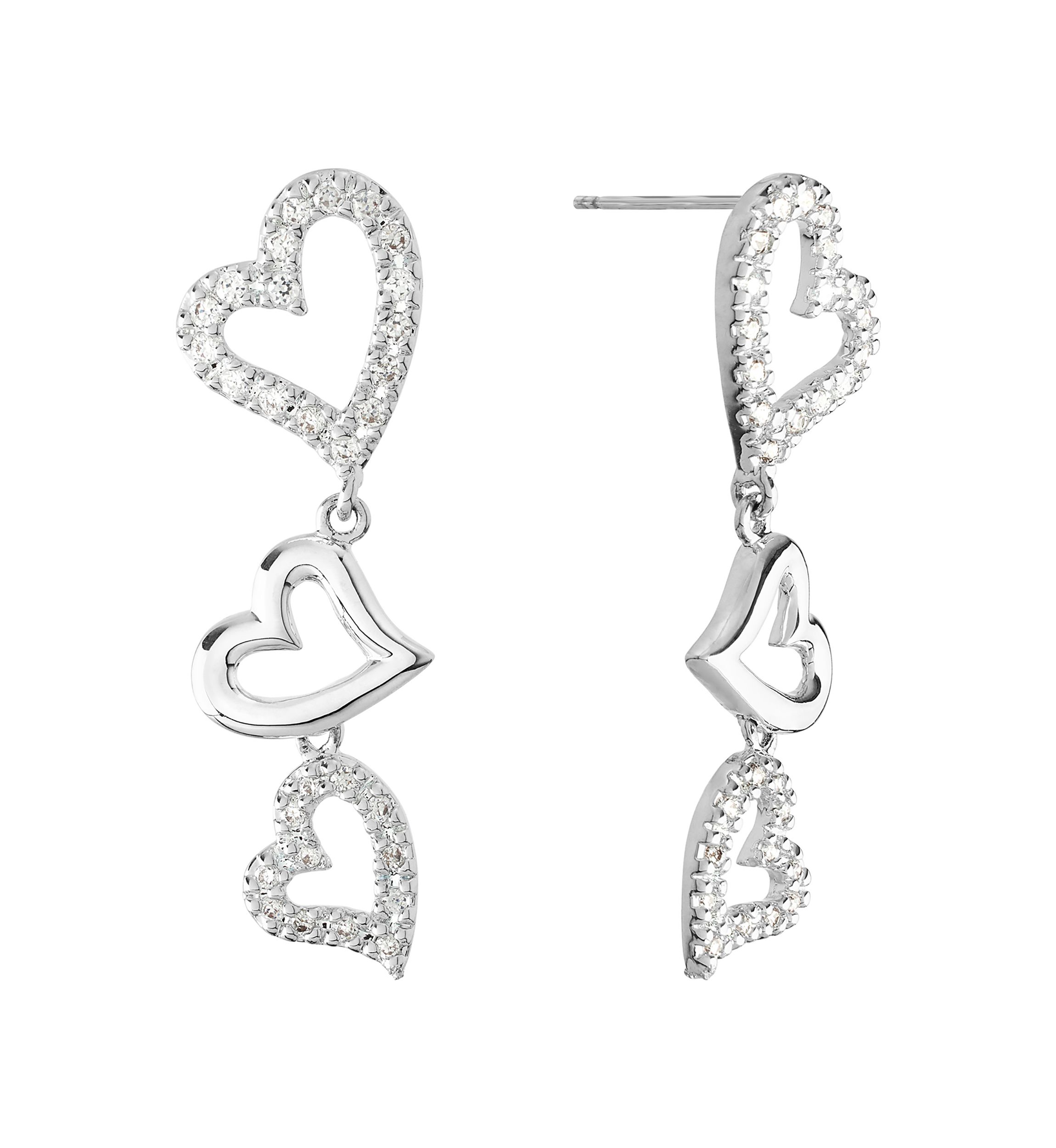 Silver Plated Cubic Zirconia Triple Heart Post Drop Earrings