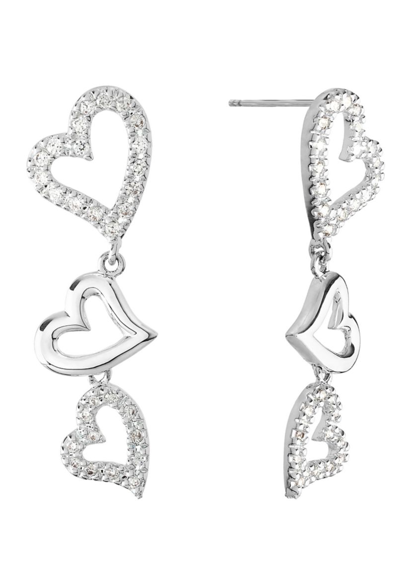 Silver Plated Cubic Zirconia Triple Heart Post Drop Earrings