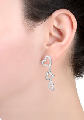 Silver Plated Cubic Zirconia Triple Heart Post Drop Earrings