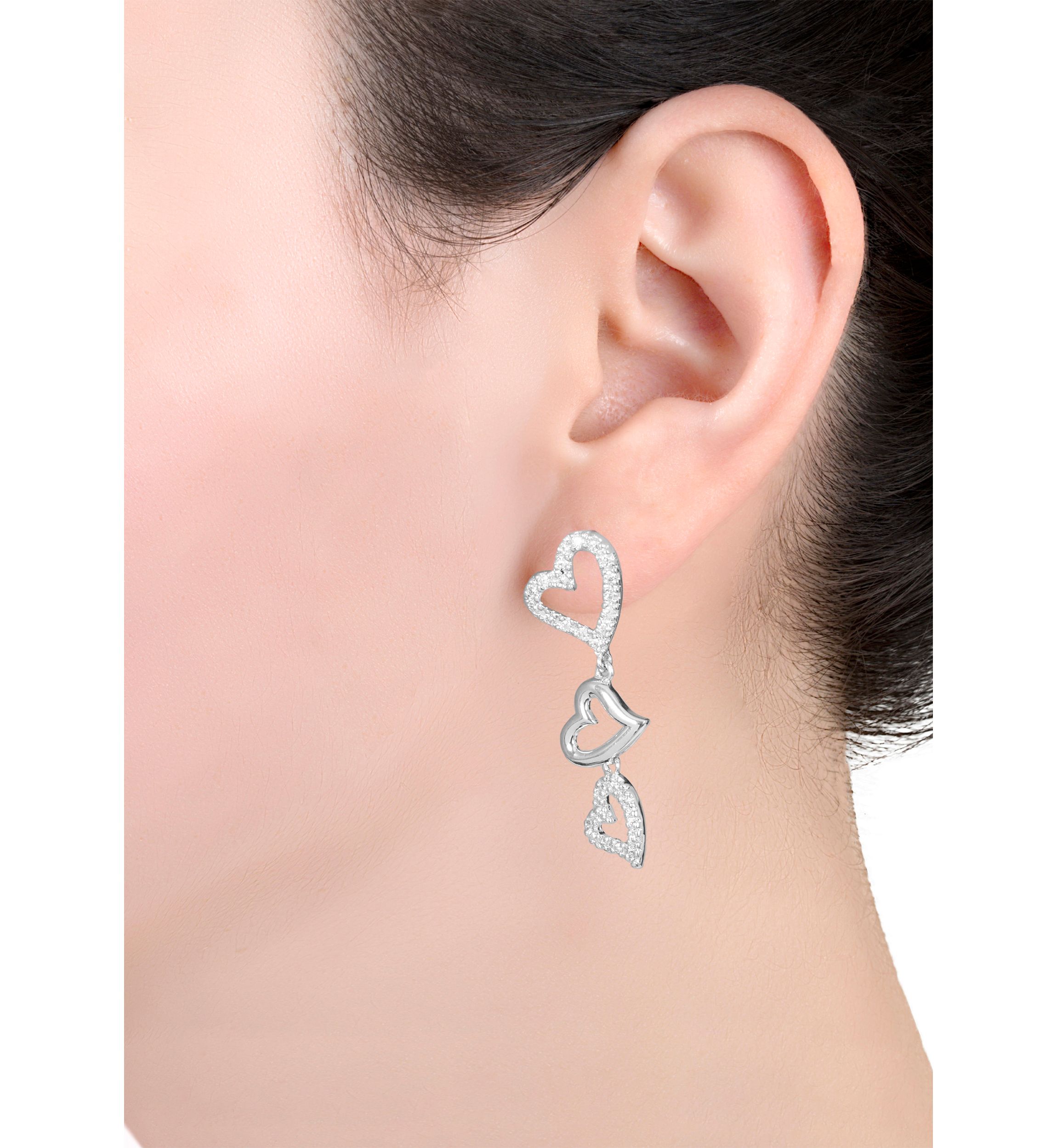 Silver Plated Cubic Zirconia Triple Heart Post Drop Earrings