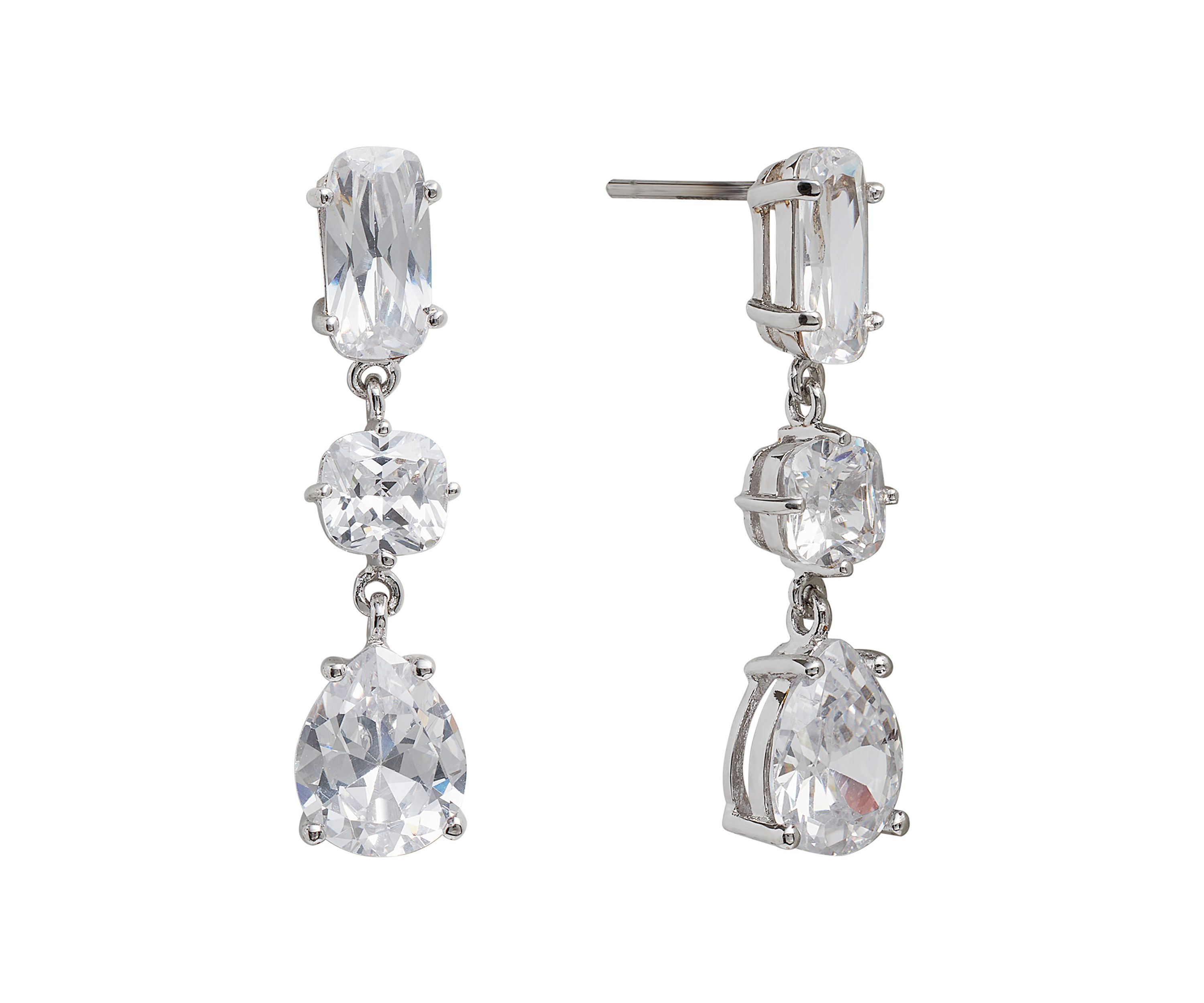 Cubic Zirconia Fancy 3 Stone Post Drop Earrings