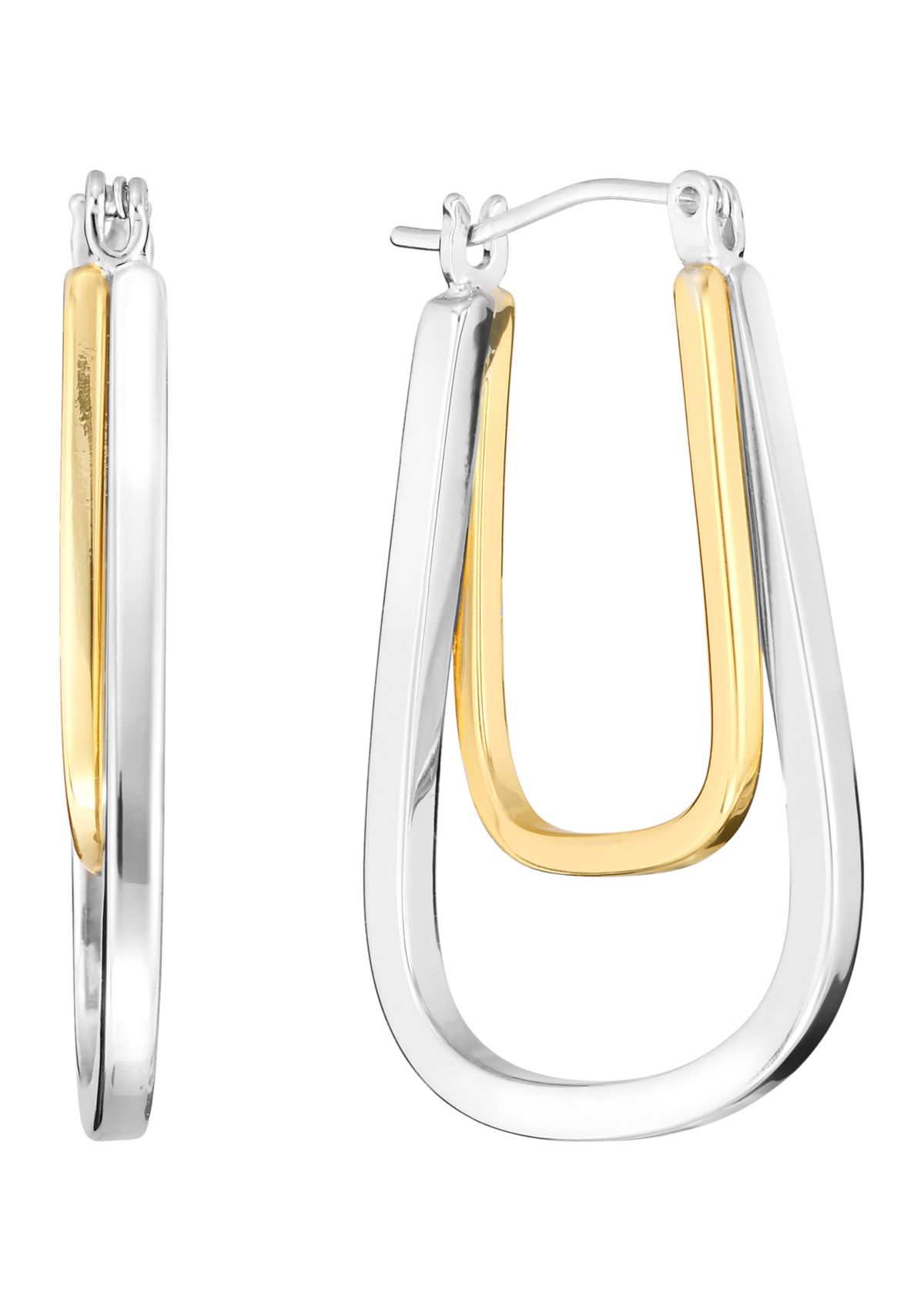 Two Tone Plated Double Square Tube Click-Top Hoop Earrings