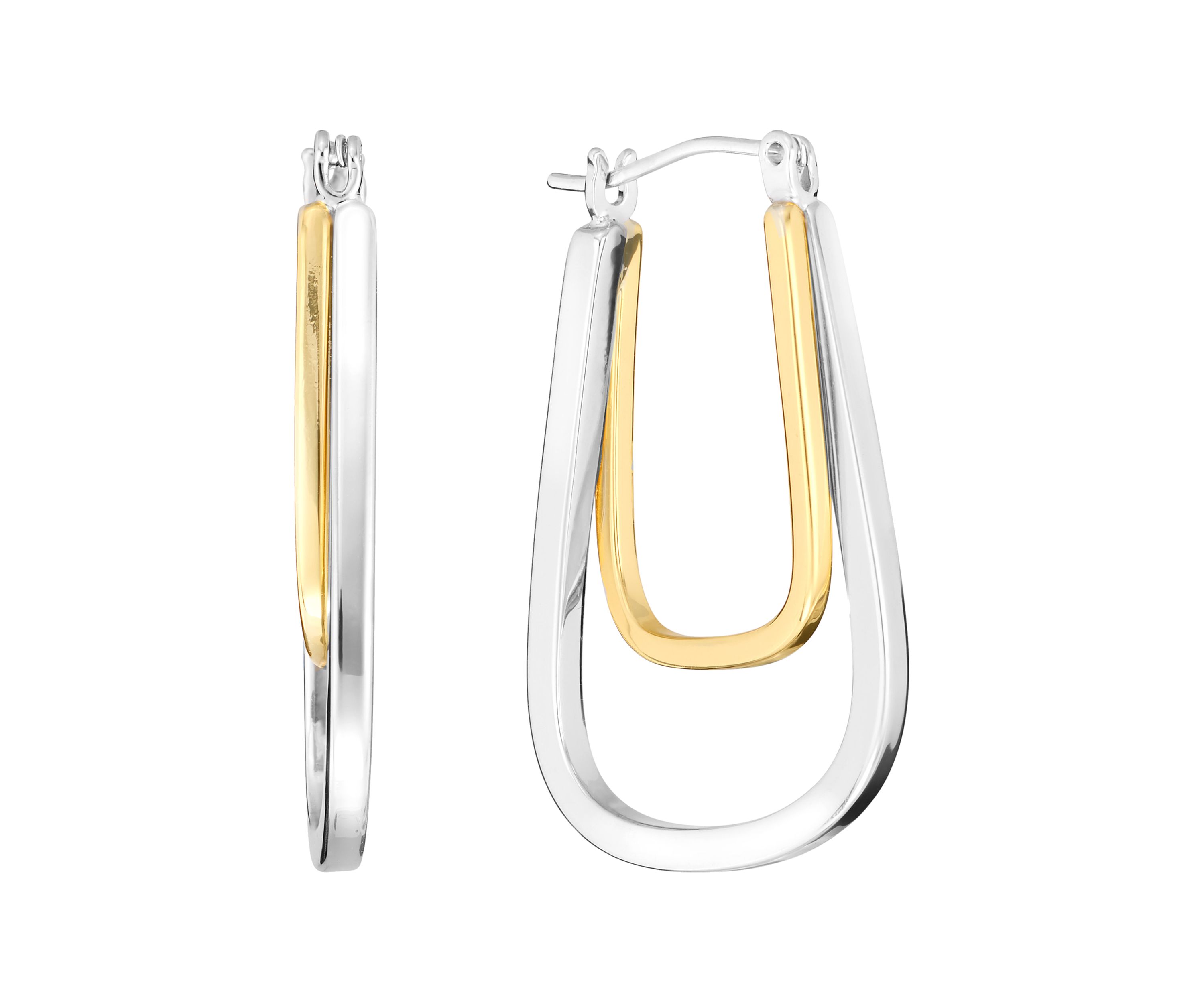 Two Tone Plated Double Square Tube Click-Top Hoop Earrings