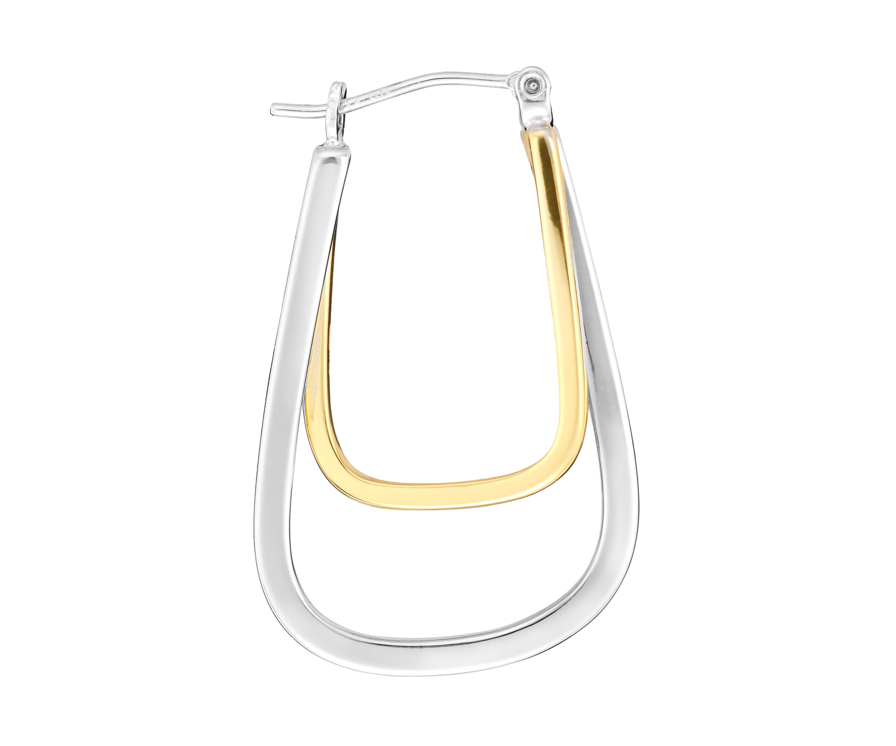Two Tone Plated Double Square Tube Click-Top Hoop Earrings