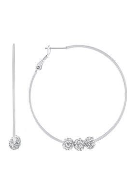 Belk Silverworks 2" Silver Plated Clear Crystal Slider Balls Hoop Earrings