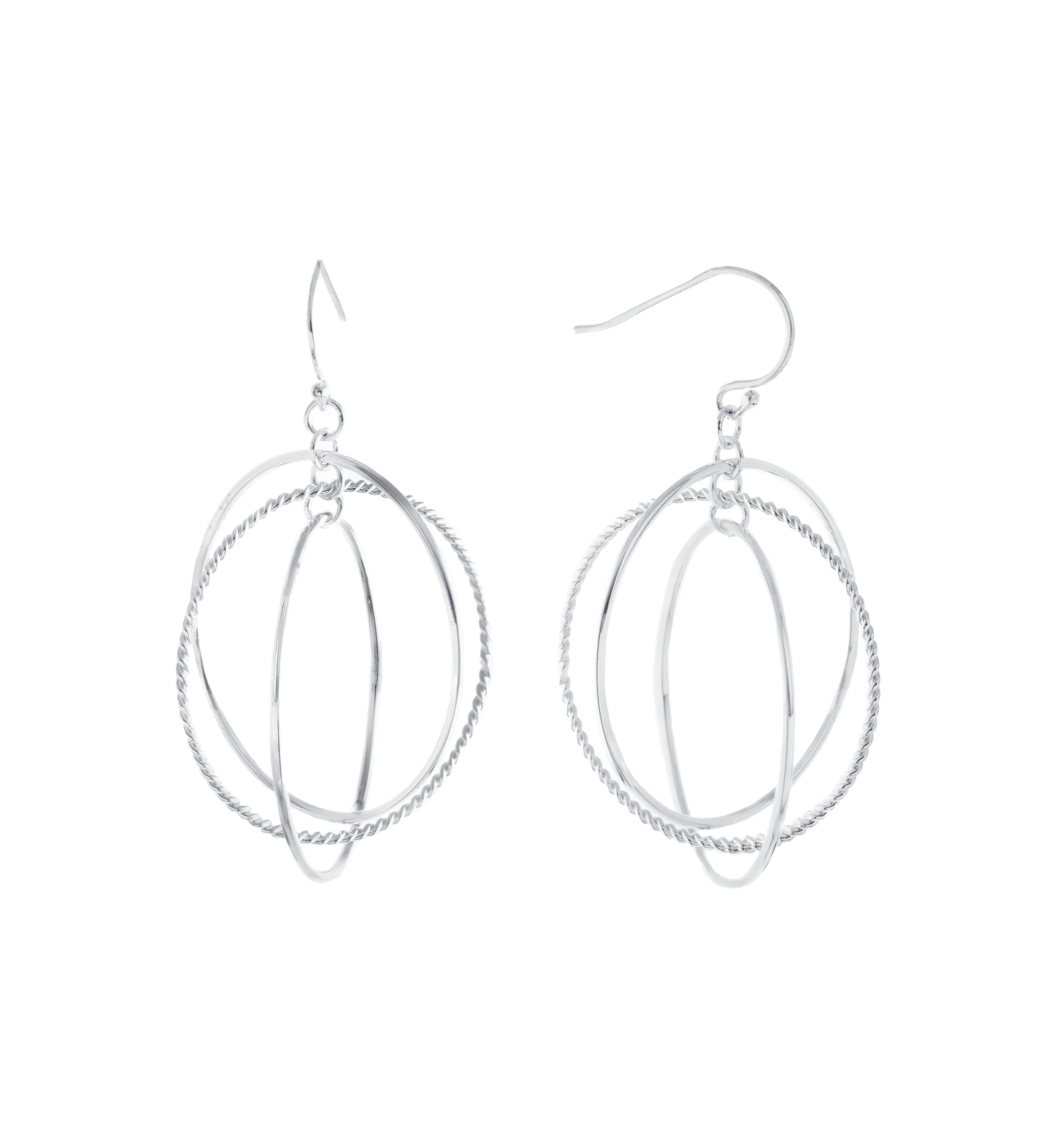 Silver Plated Textured Triple Circle Drop Earrings