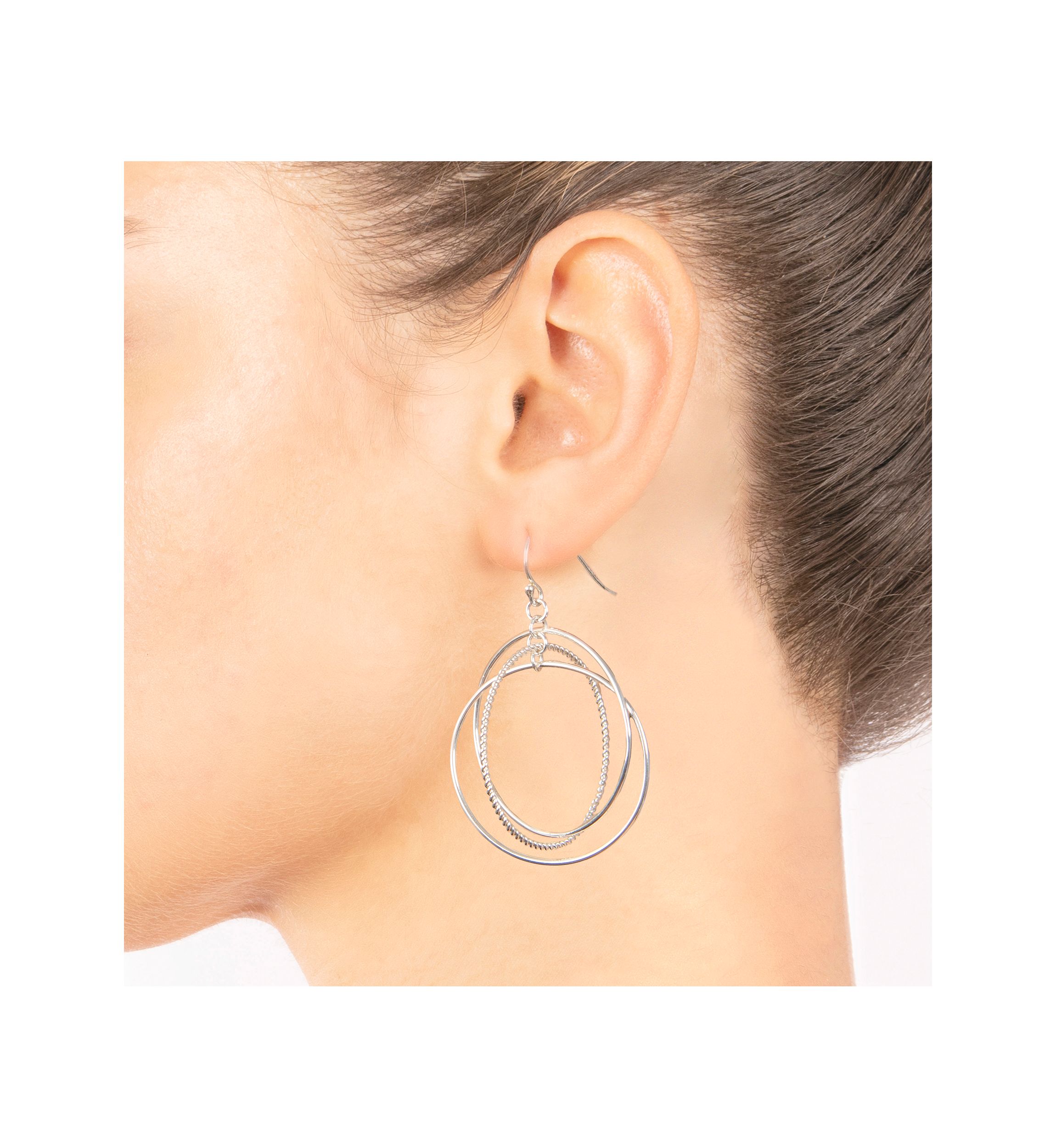 Silver Plated Textured Triple Circle Drop Earrings