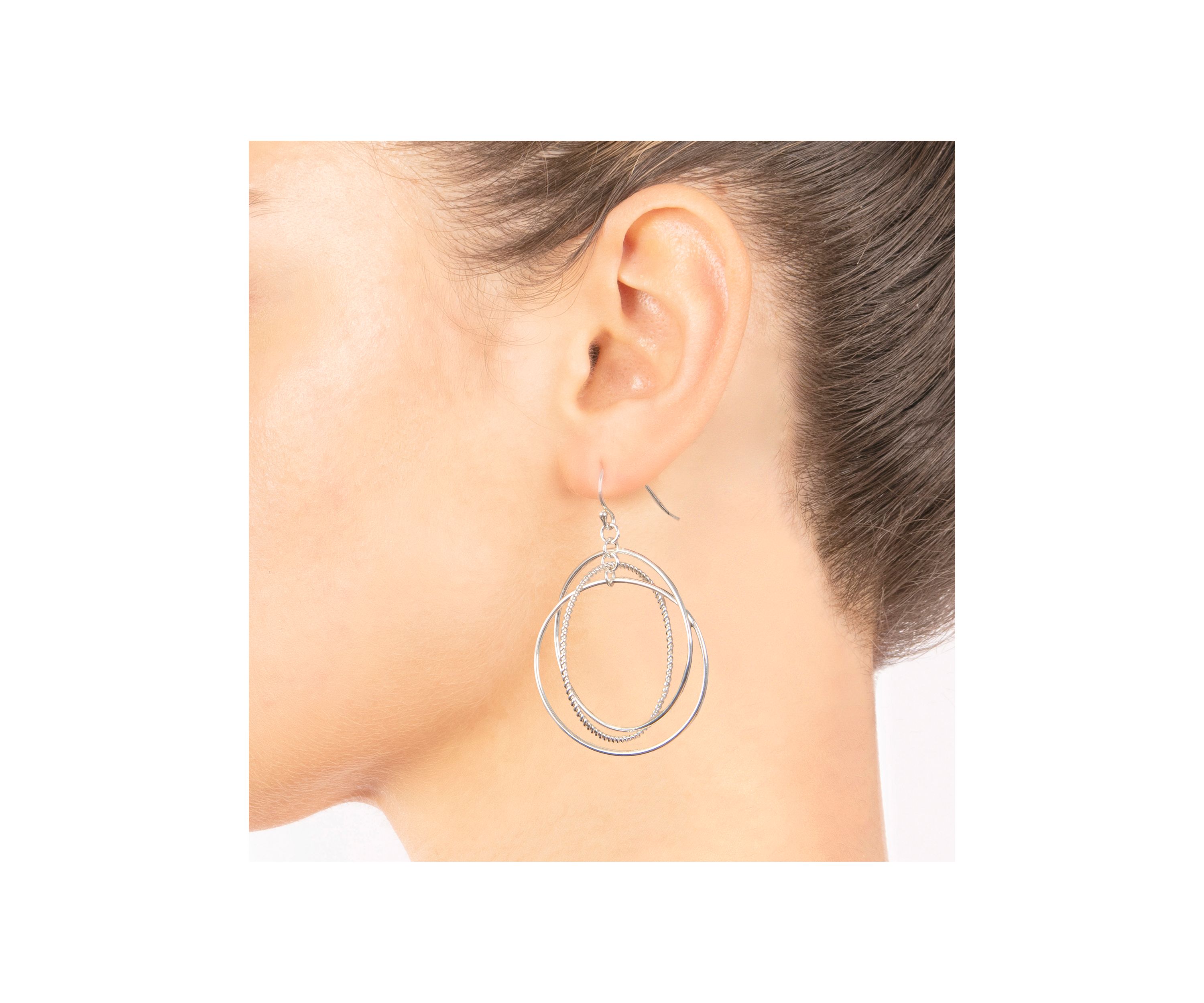 Silver Plated Textured Triple Circle Drop Earrings
