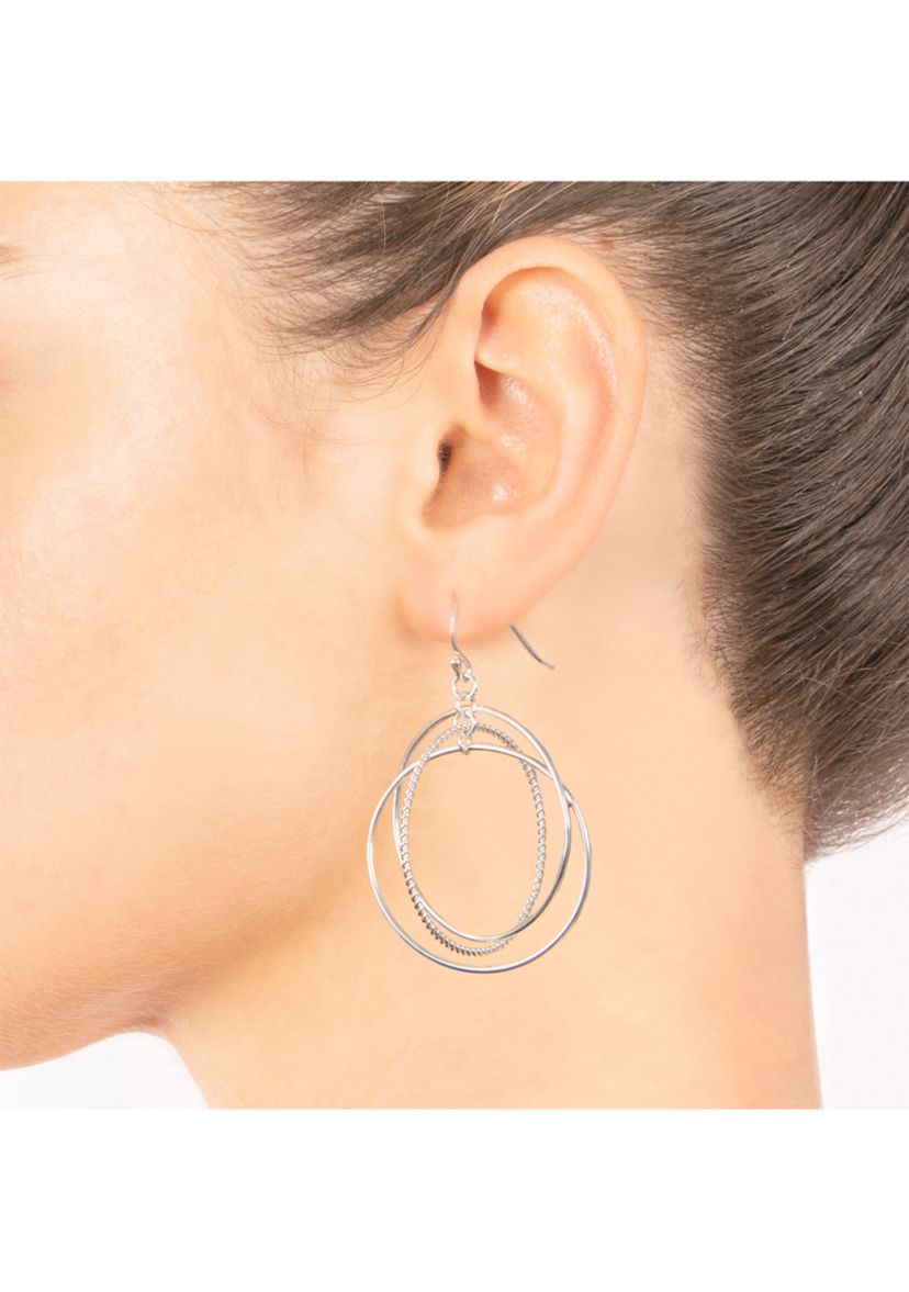 Silver Plated Textured Triple Circle Drop Earrings