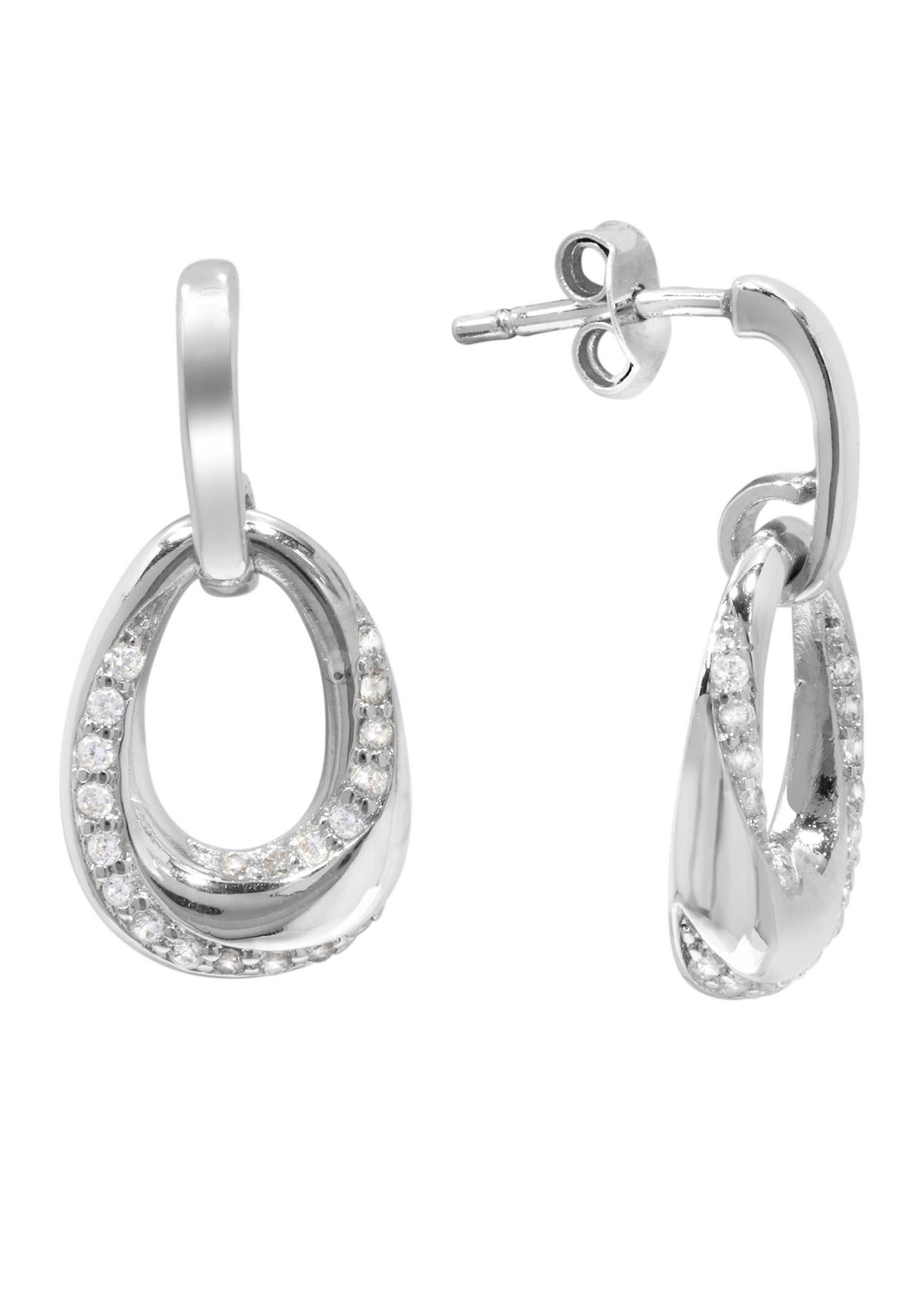 Silver Plated Cubic Zirconia Pavé Open Oval Drop Earrings