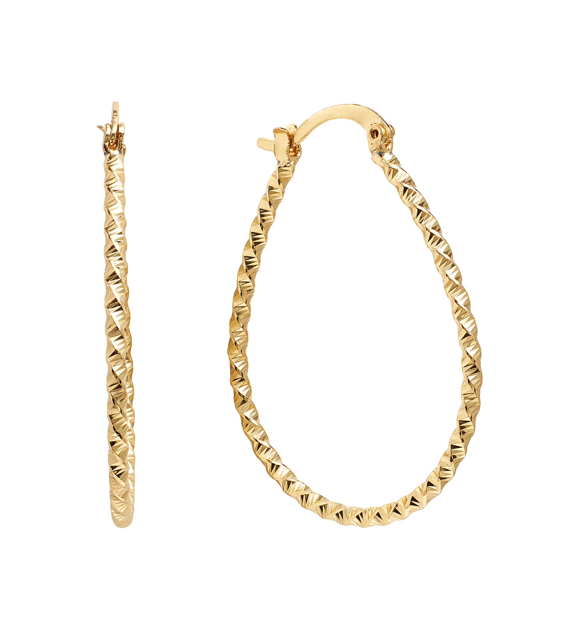 Gold Plated 1.6" Diamond Cut Click Top Teardrop Hoop Earrings