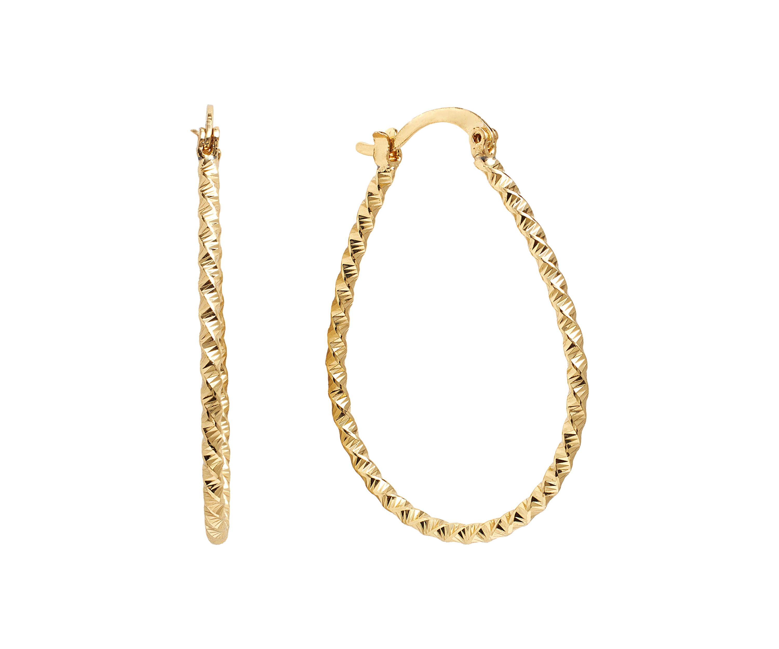 Gold Plated 1.6" Diamond Cut Click Top Teardrop Hoop Earrings
