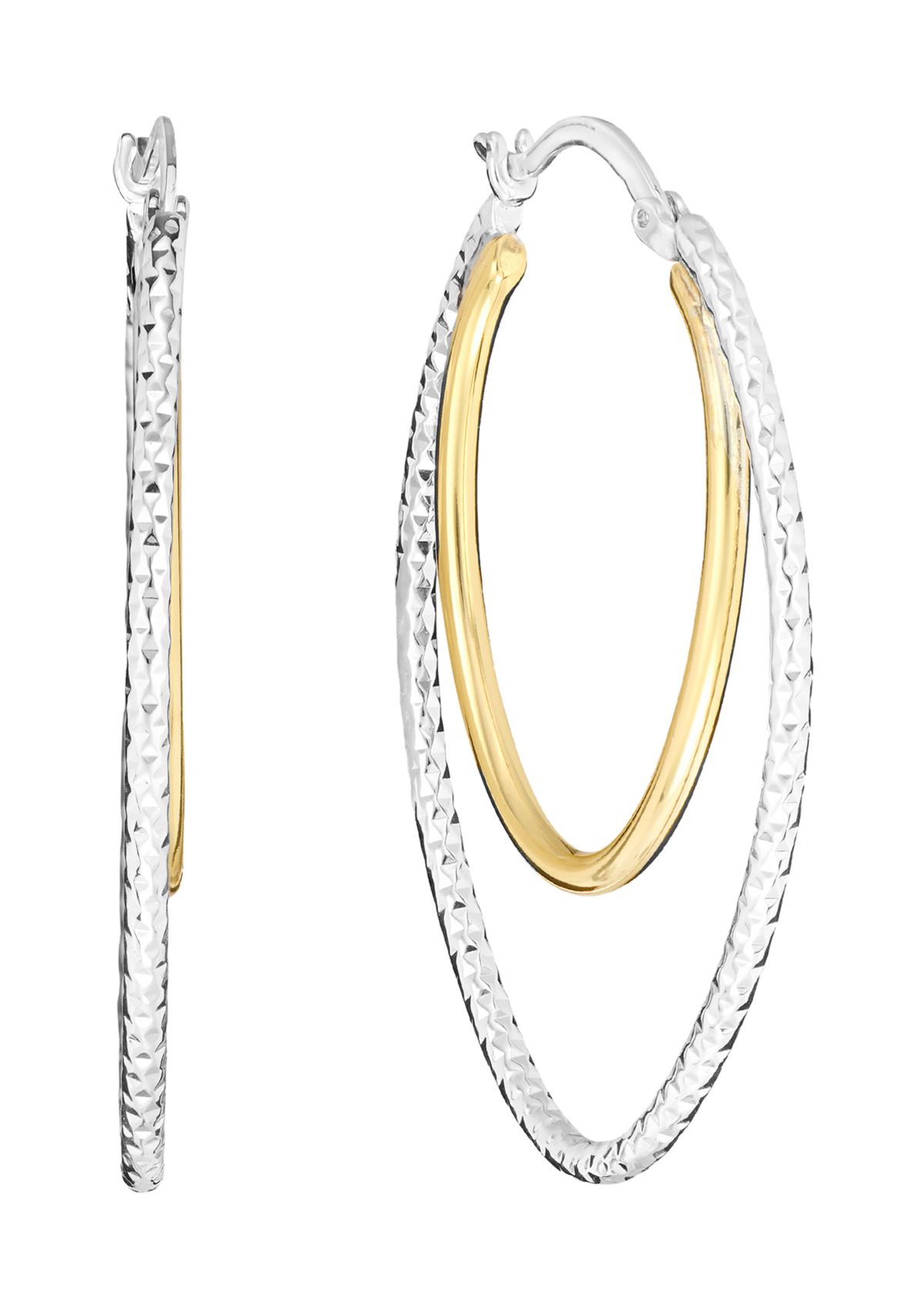 Two-Tone Plated Diamond Cut Double Oval Hoop Earrings