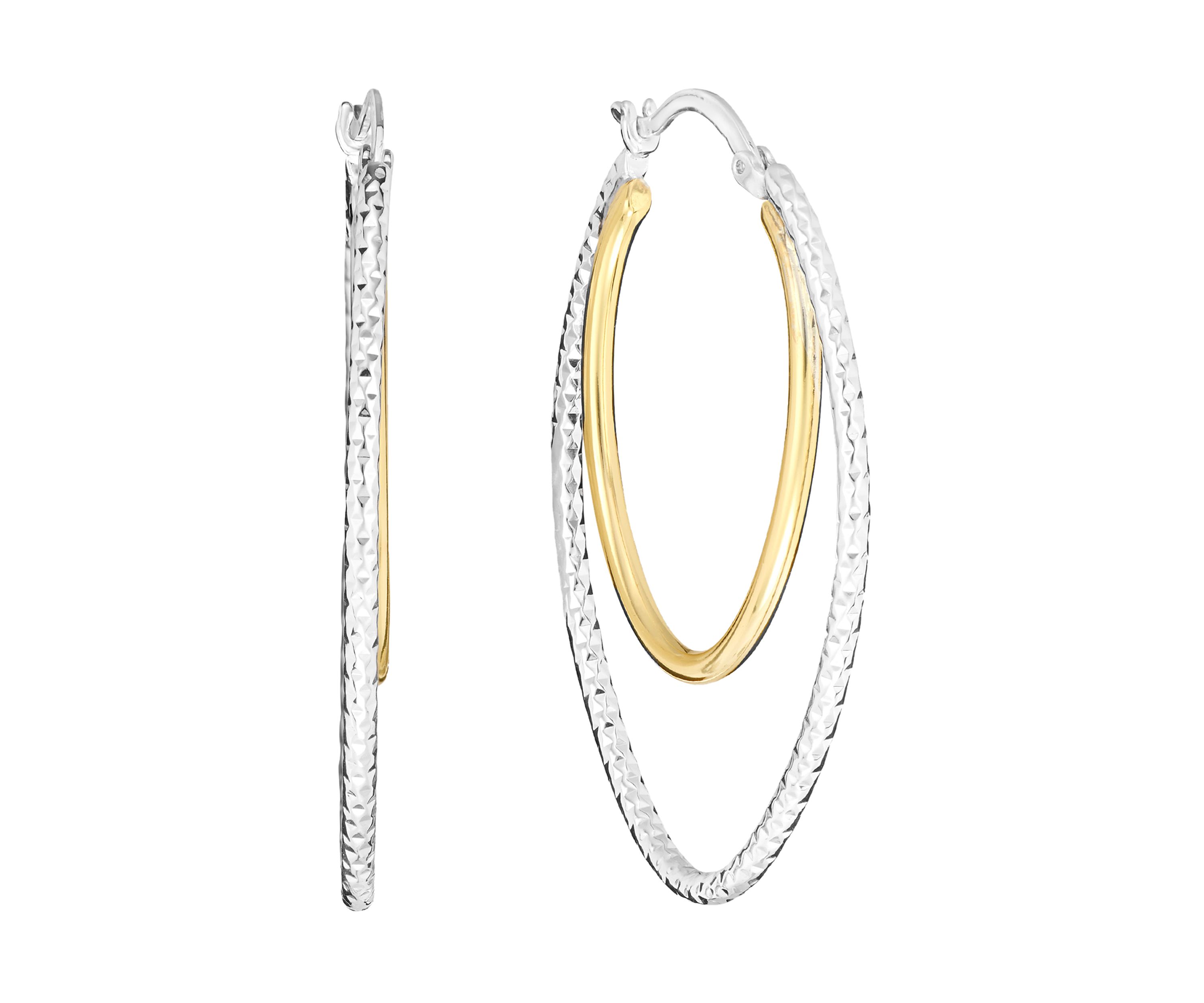 Two-Tone Plated Diamond Cut Double Oval Hoop Earrings