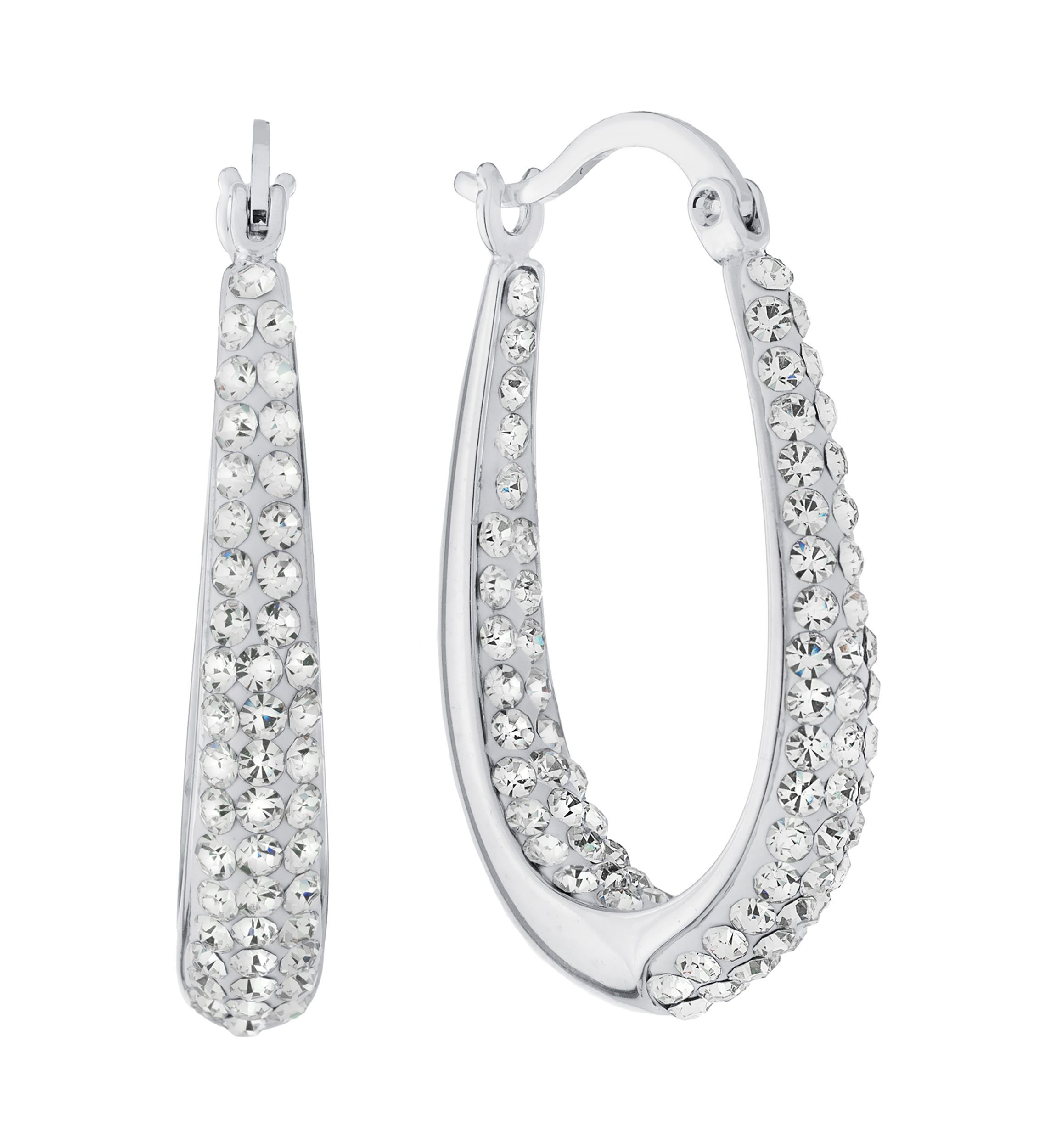 Silver Plated 1.27" Crystal Pavé Inside-Out Oval Hoop Earrings