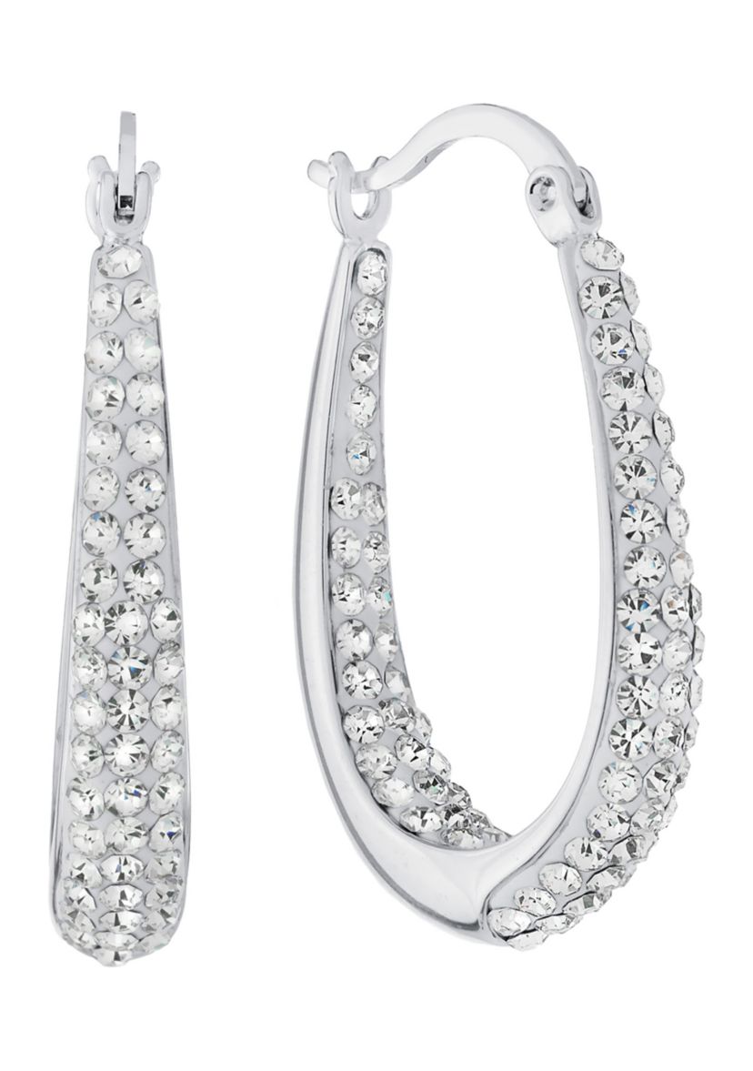 Silver Plated 1.27" Crystal Pavé Inside-Out Oval Hoop Earrings