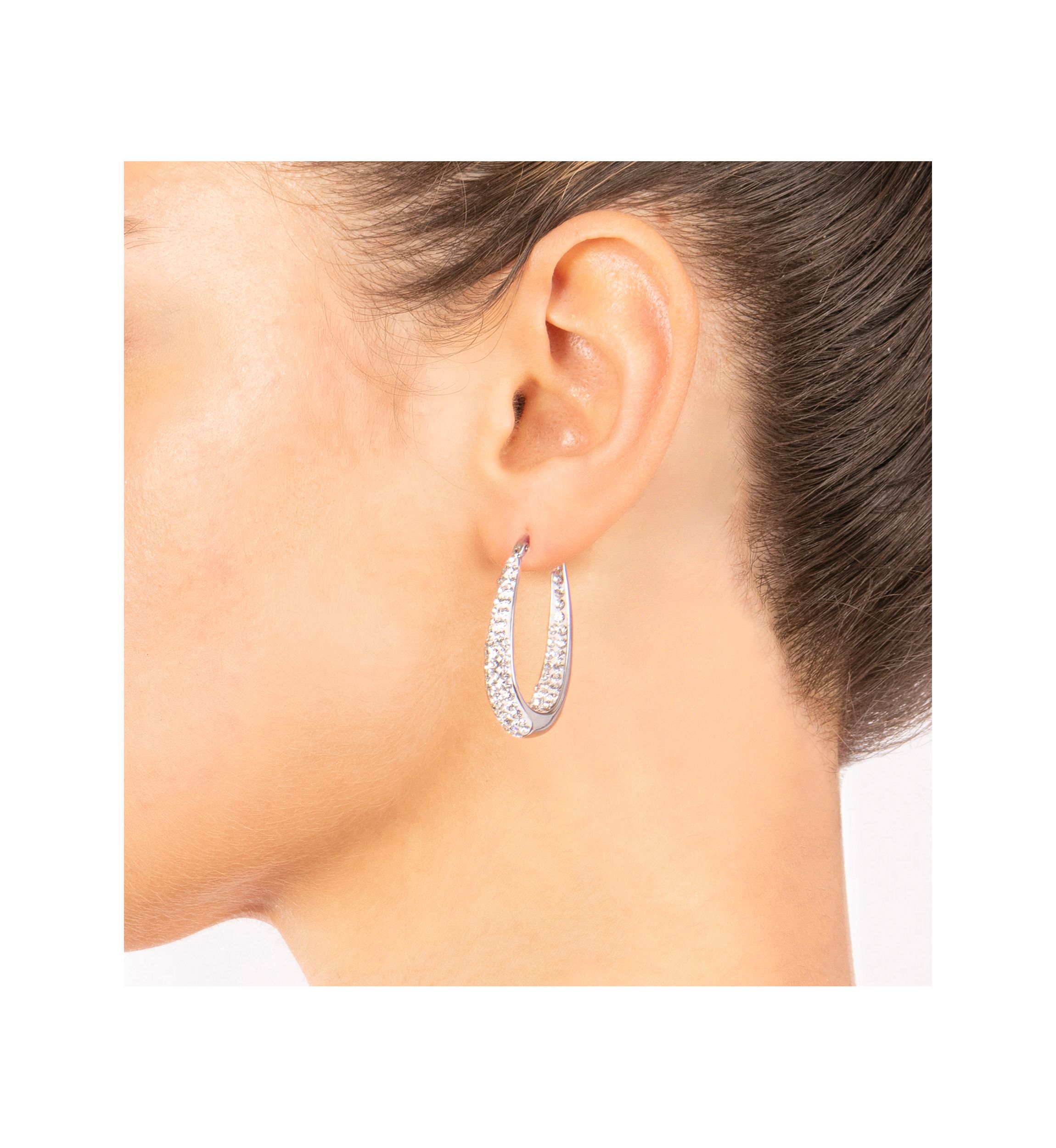 Silver Plated 1.27" Crystal Pavé Inside-Out Oval Hoop Earrings