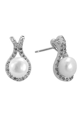 Belk Silverworks Silver Plated Simulated Pearl Cubic Zirconia Halo Stud Earrings