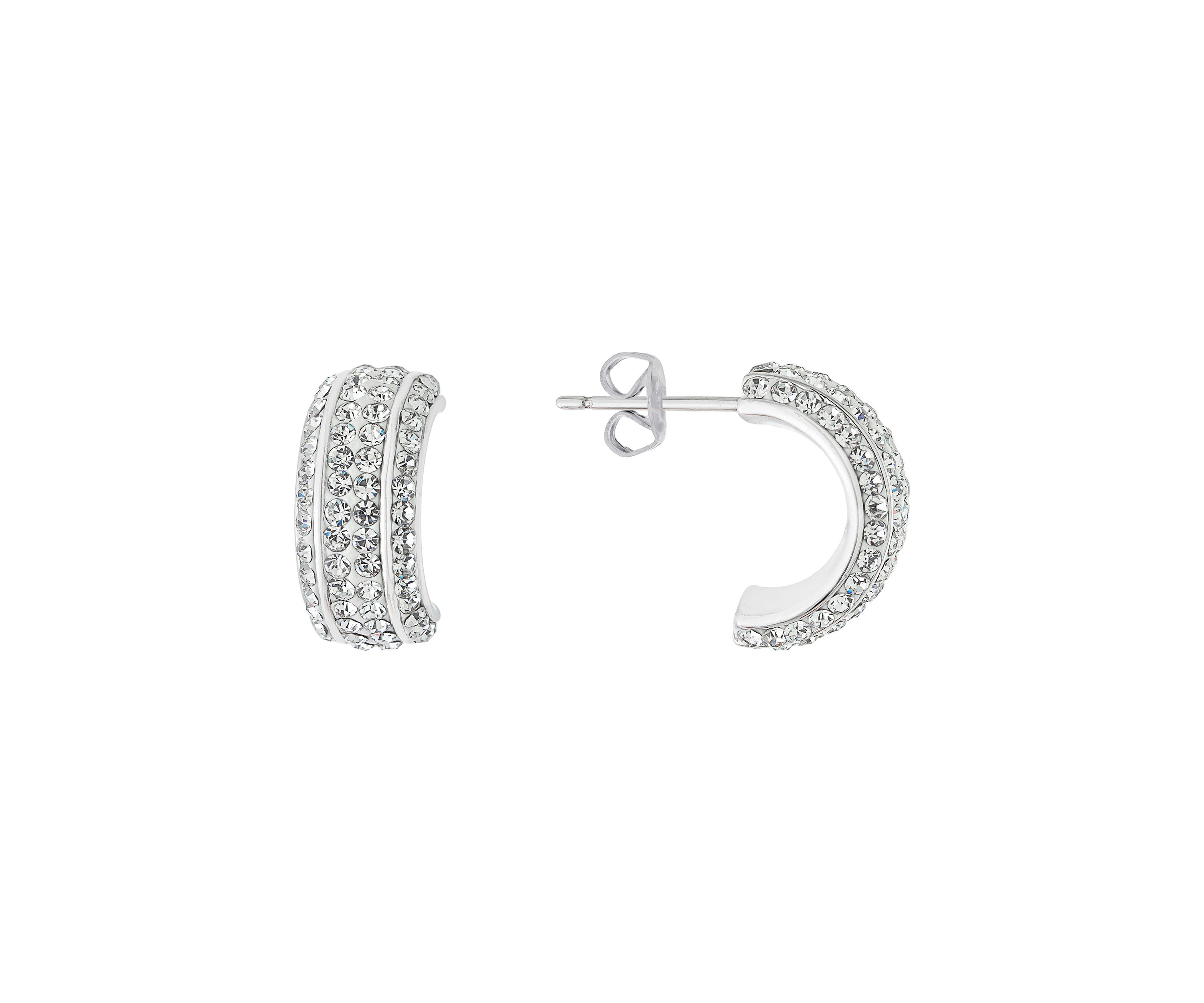 Silver Plated Clear Crystal Pavé Half Hoop Earrings