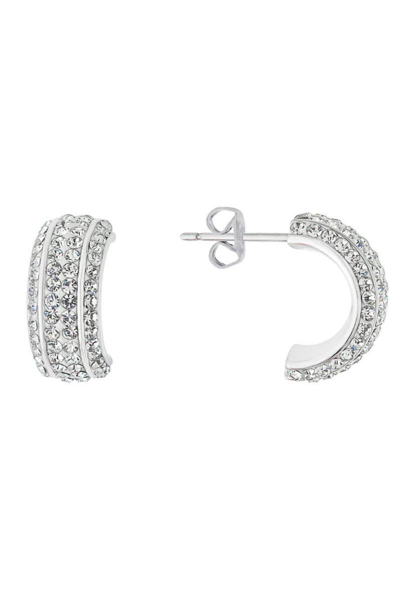 Silver Plated Clear Crystal Pavé Half Hoop Earrings