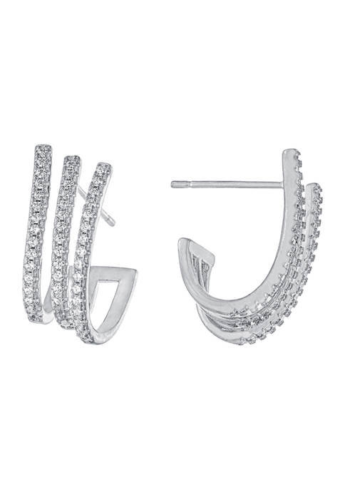 Fine Silver Plated Cubic Zirconia Triple Row Curved Hoop Earrings