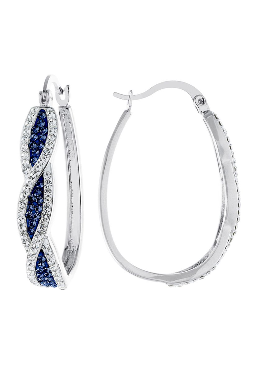 Silver Plated 1.3" Clear Crystal Pavé Twist Hoop Earrings