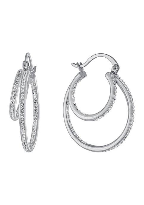 Fine Silver Plated Clear Crystal 2 Row Hoop Earrings