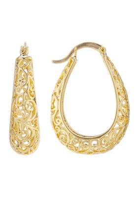 Gold Over Fine Silver Plated 1.2" Filigree Hoop Earrings