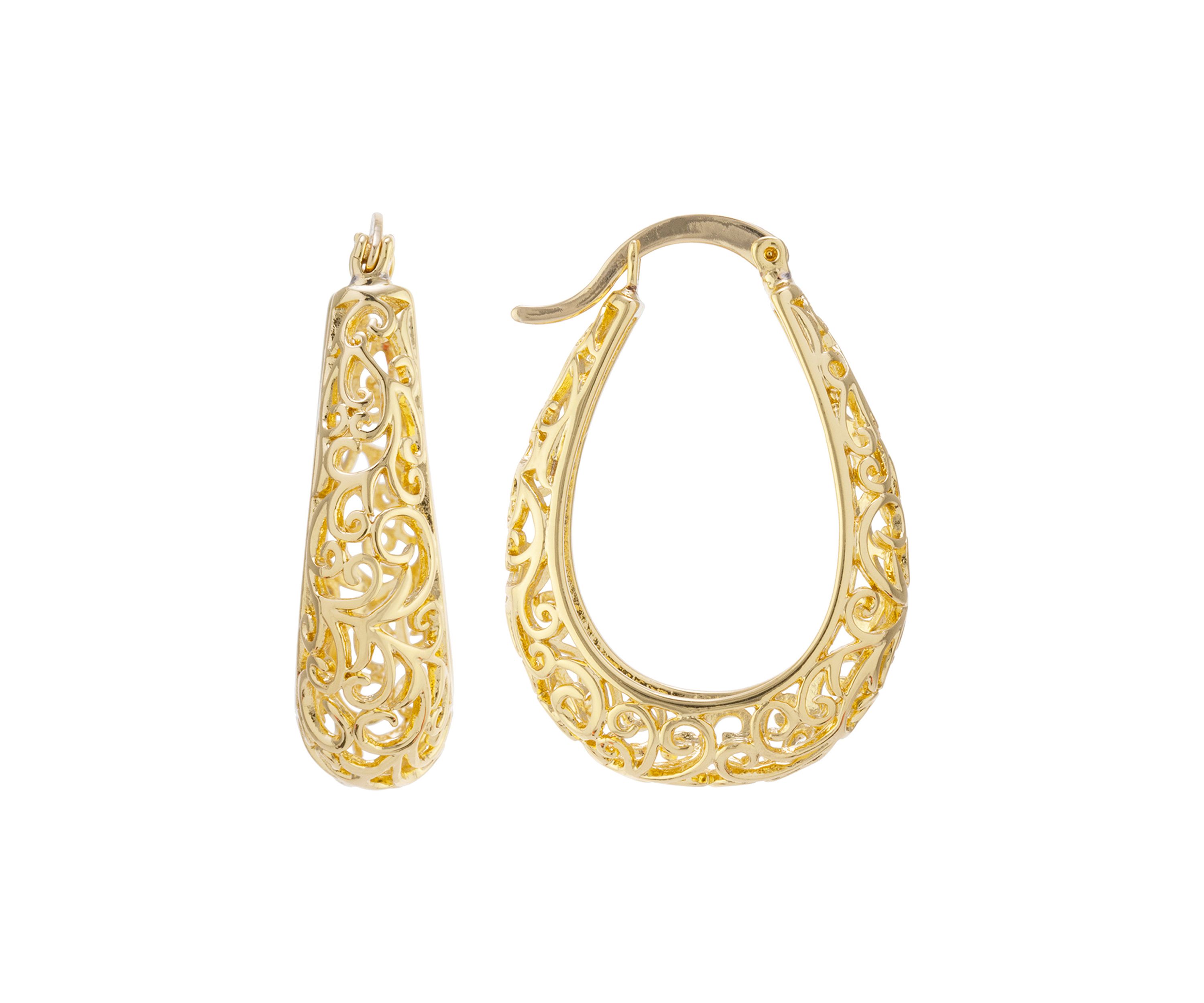 Gold Over Silver Plated 1.2" Filigree Hoop Earrings