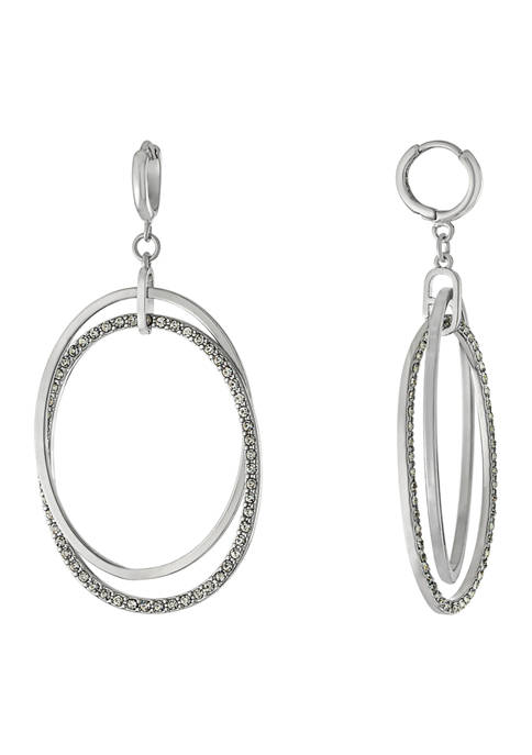 Fine Silver Plated 12 Millimeter Huggie Hoop with Crystal Pavé Double Circle Drop Earrings