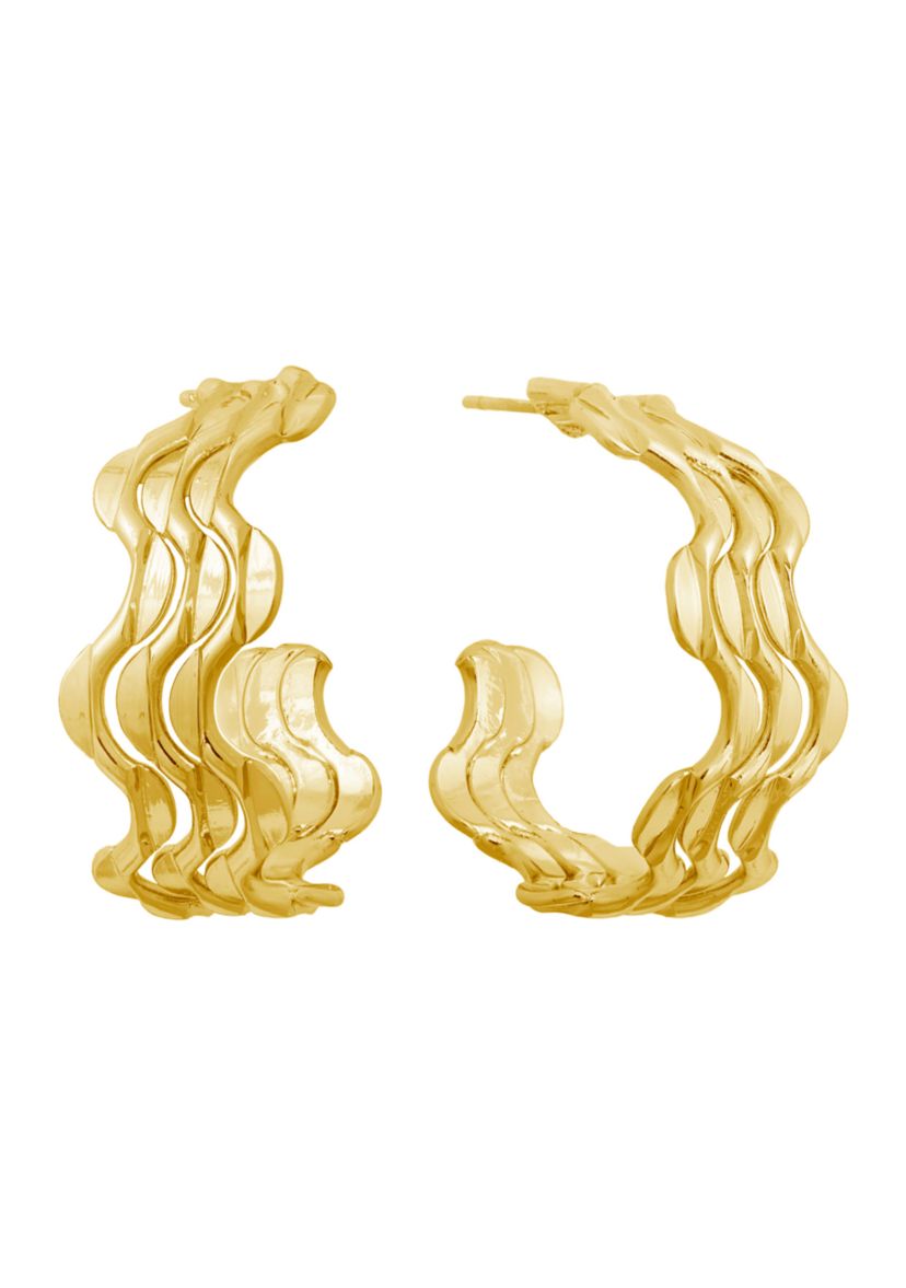 Fine Silver Plated 1.05" 3 Row Wavy Post Hoop Earrings