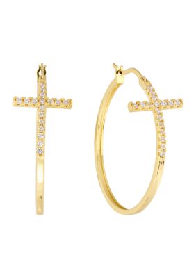 Belk Silverworks Gold-Plated Crystal Cross Click-Top Hoop Earrings