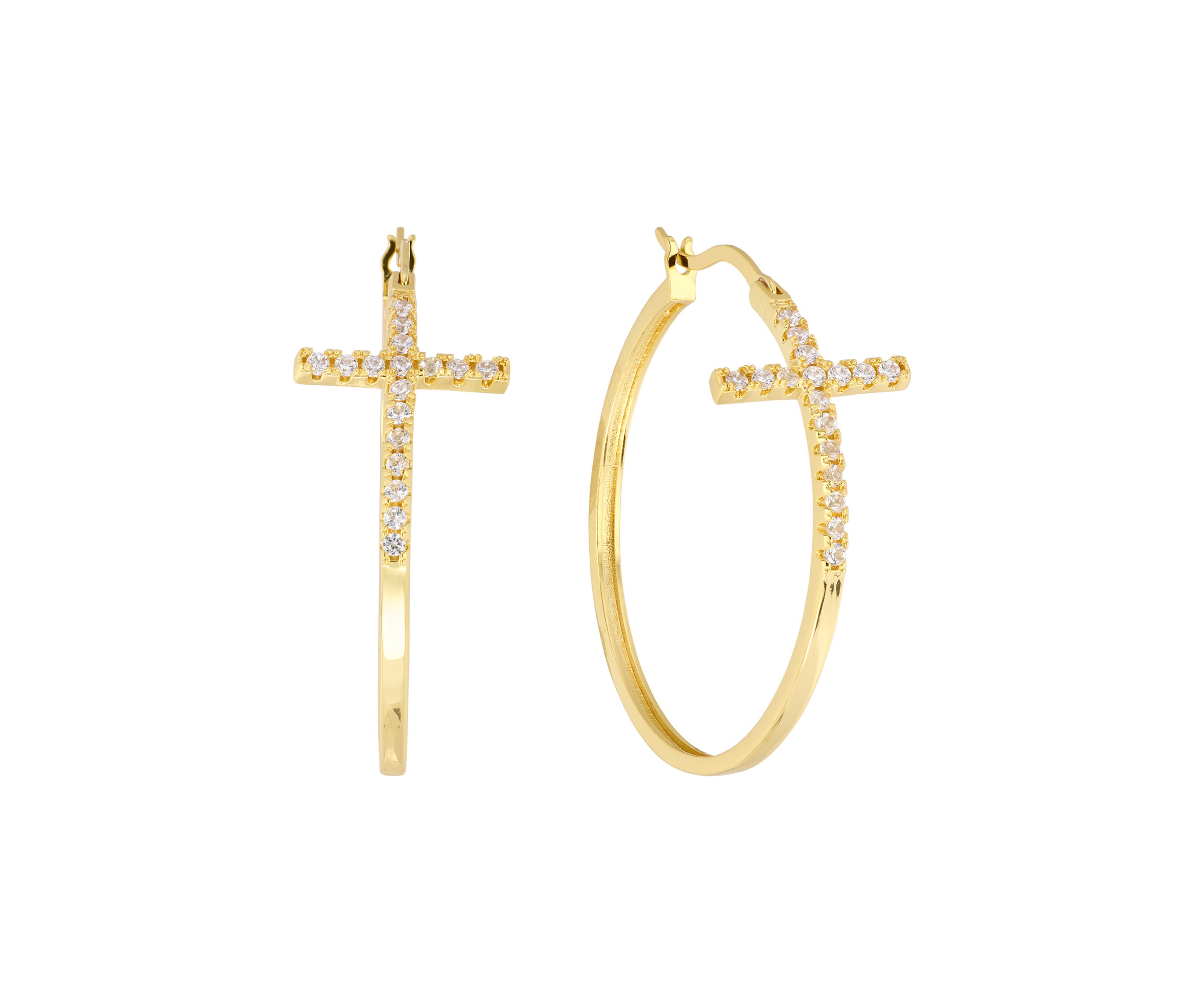 Gold-Plated Crystal Cross Click-Top Hoop Earrings
