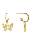 12 Millimeter Gold Over Fine Silver Plated Butterfly Charm Hoop Earrings