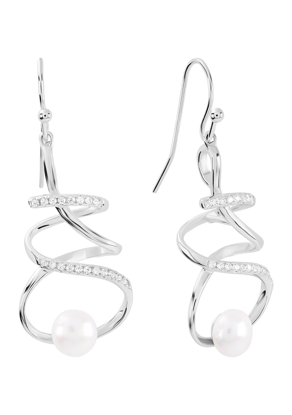 Silver Plated 6 Millimeter Freshwater Pearl and Cubic Zirconia Spiral Drop Earrings