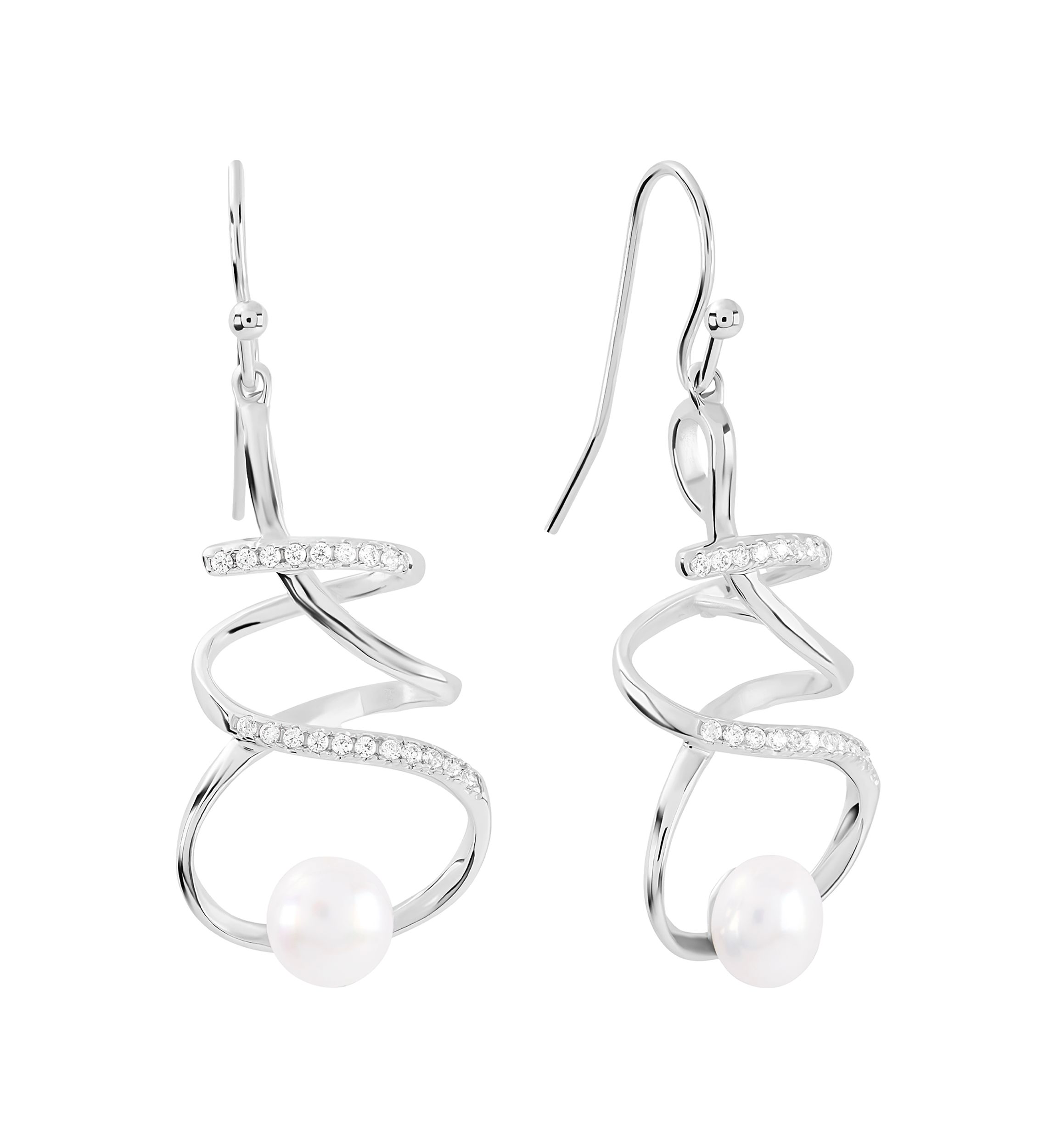Silver Plated 6 Millimeter Freshwater Pearl and Cubic Zirconia Spiral Drop Earrings