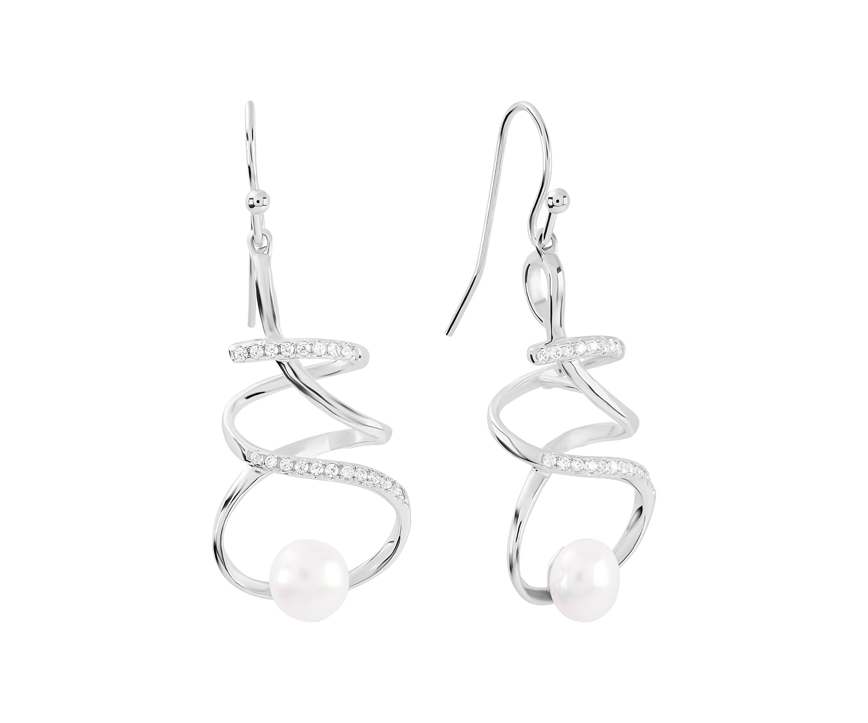 Silver Plated 6 Millimeter Freshwater Pearl and Cubic Zirconia Spiral Drop Earrings