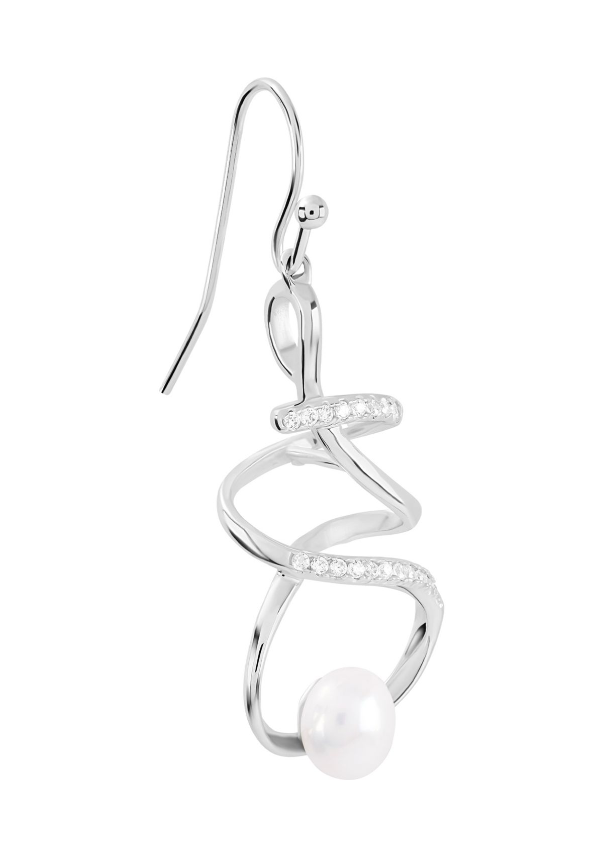 Silver Plated 6 Millimeter Freshwater Pearl and Cubic Zirconia Spiral Drop Earrings