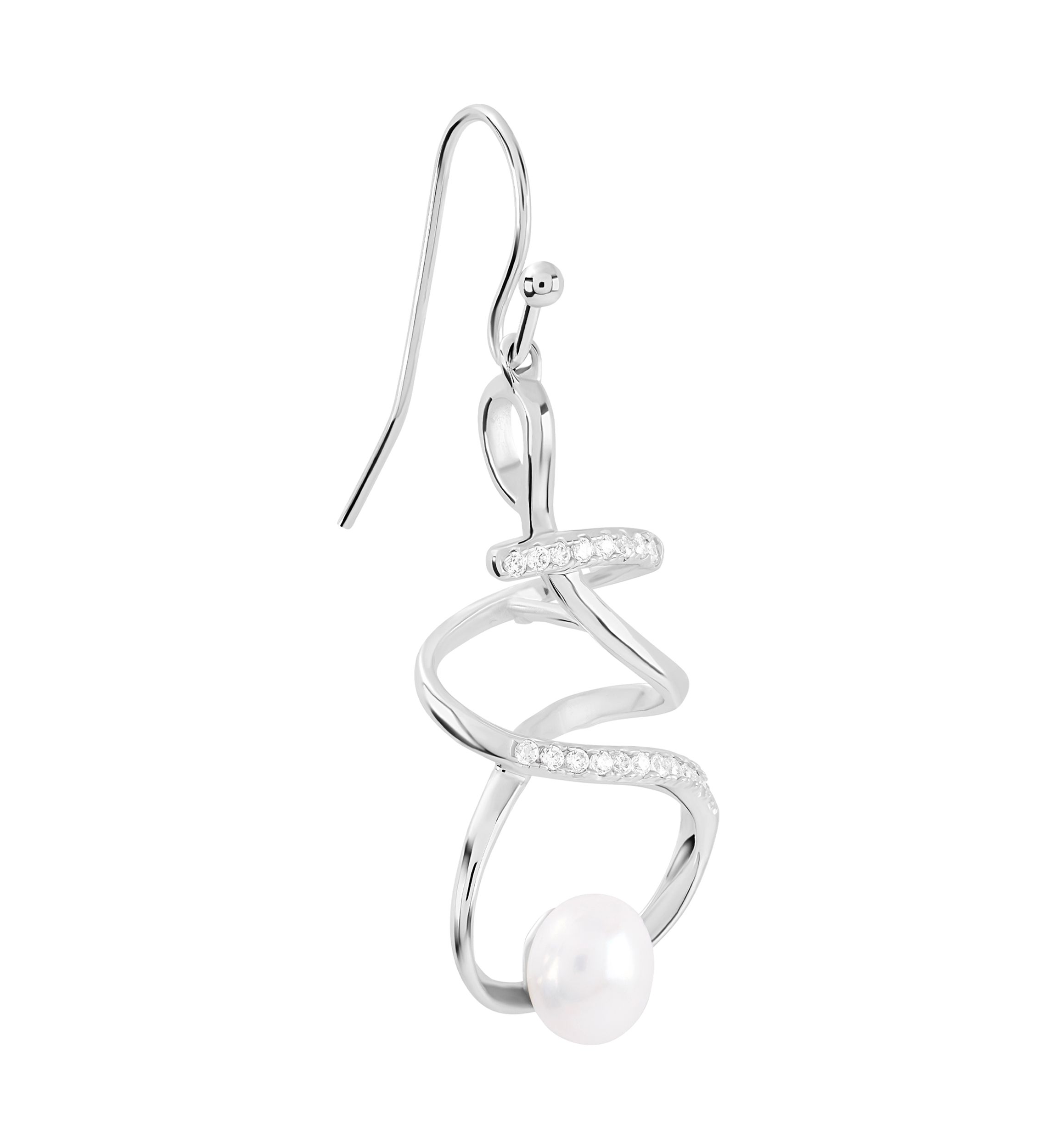 Silver Plated 6 Millimeter Freshwater Pearl and Cubic Zirconia Spiral Drop Earrings