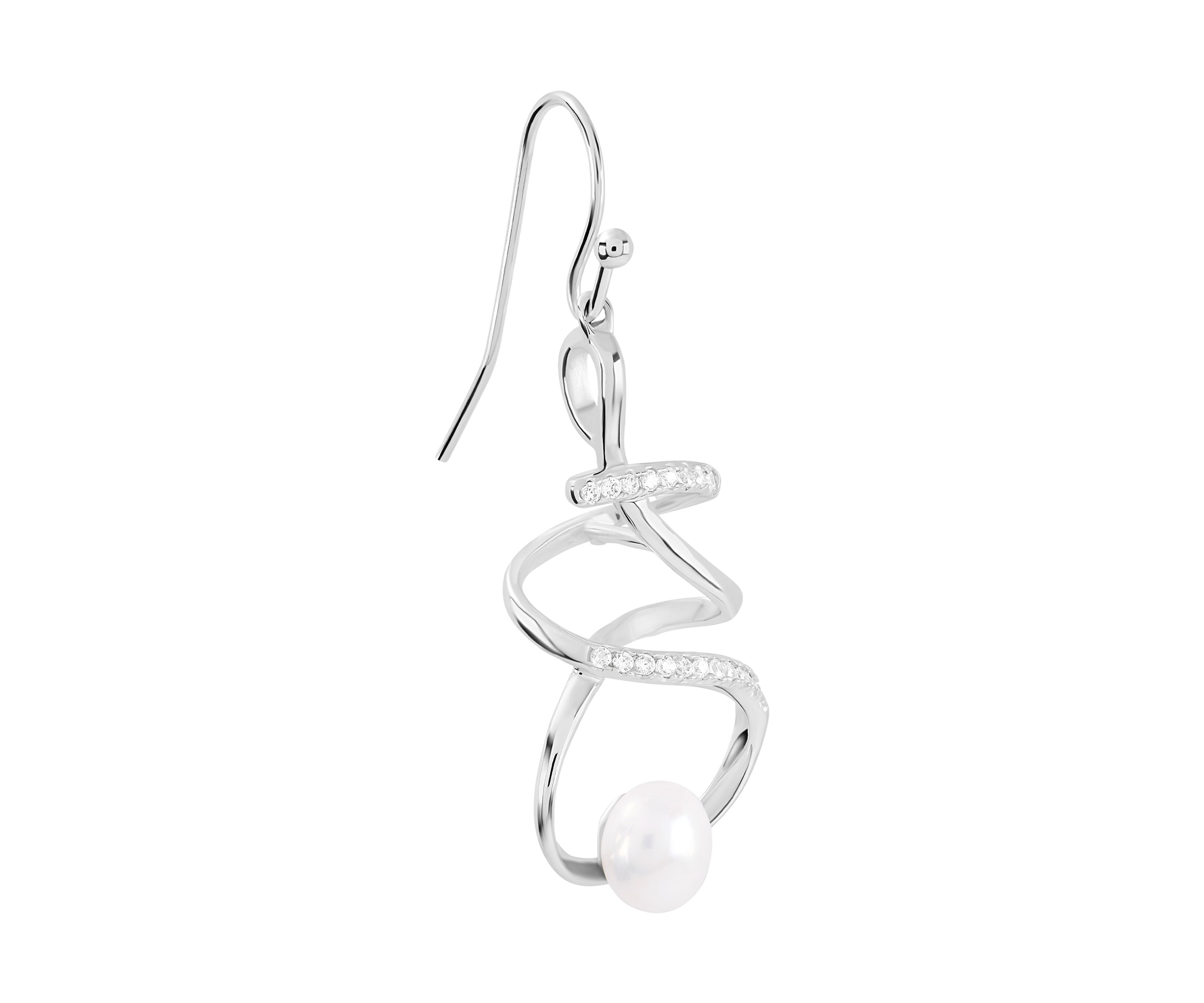 Silver Plated 6 Millimeter Freshwater Pearl and Cubic Zirconia Spiral Drop Earrings