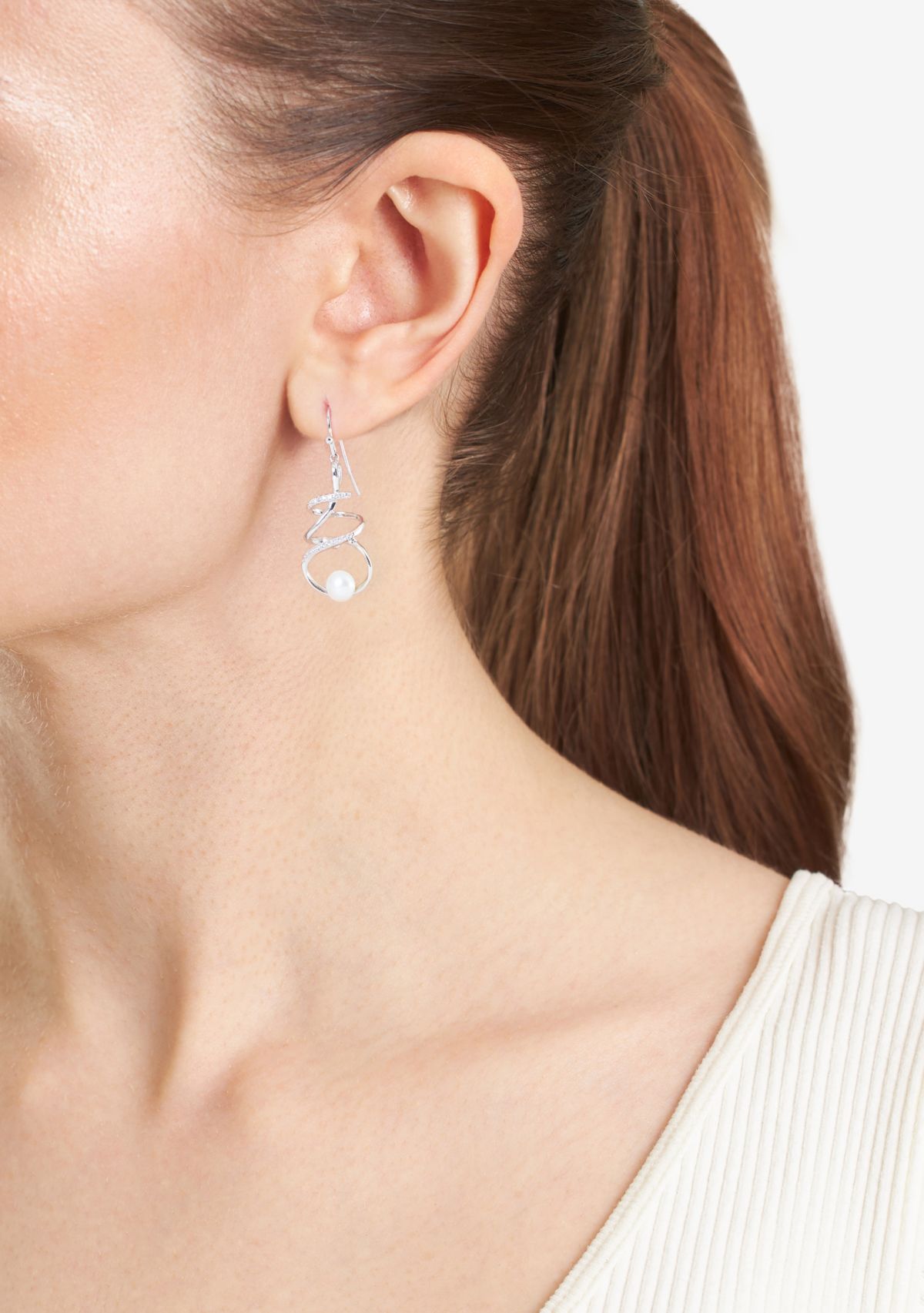 Silver Plated 6 Millimeter Freshwater Pearl and Cubic Zirconia Spiral Drop Earrings