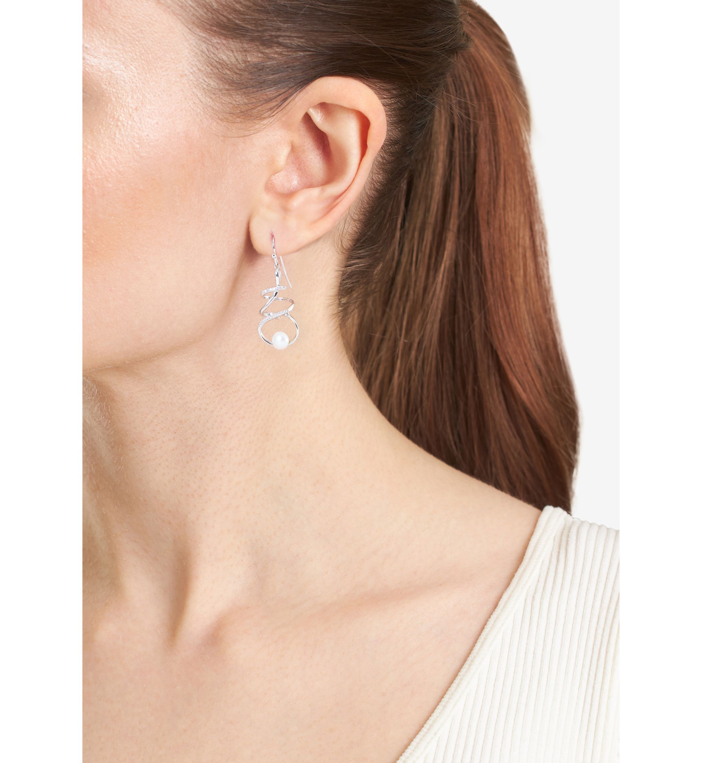 Silver Plated 6 Millimeter Freshwater Pearl and Cubic Zirconia Spiral Drop Earrings