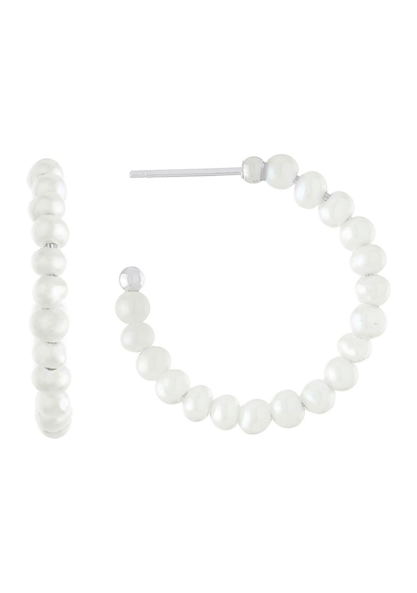 Silver Plated 1.16" Freshwater Pearl Post Hoops