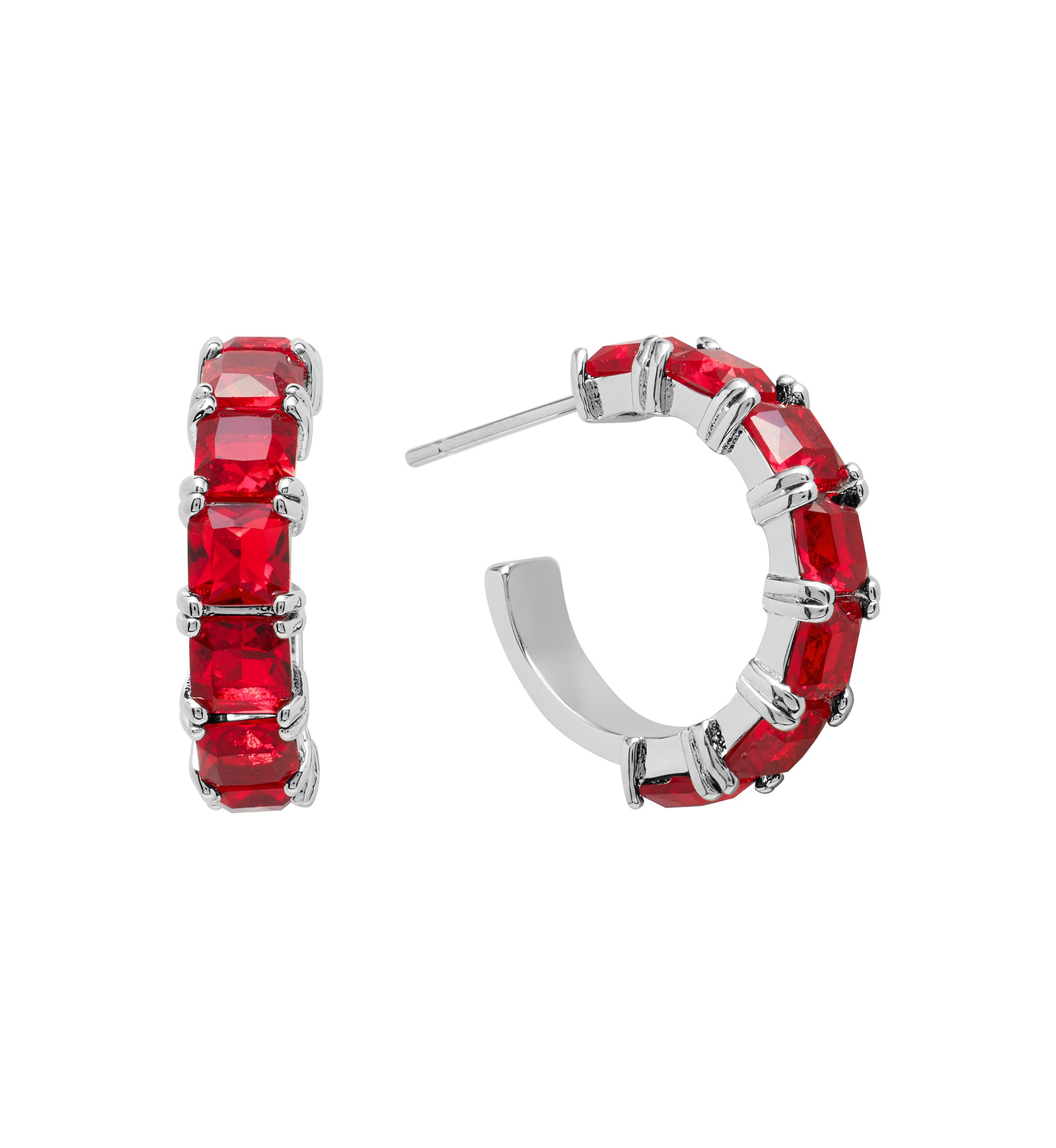 Silver Plated Square Crystal Post Hoop Earrings