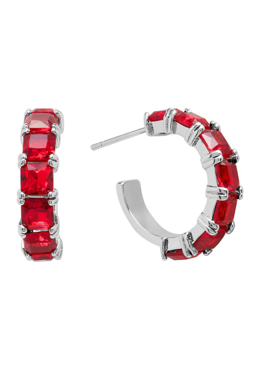 Silver Plated Square Crystal Post Hoop Earrings